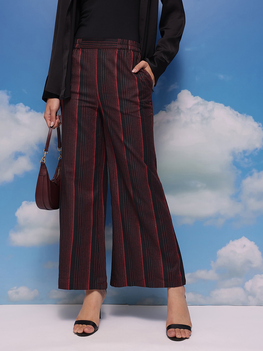 

CORSICA Women Striped Flared Trousers, Black
