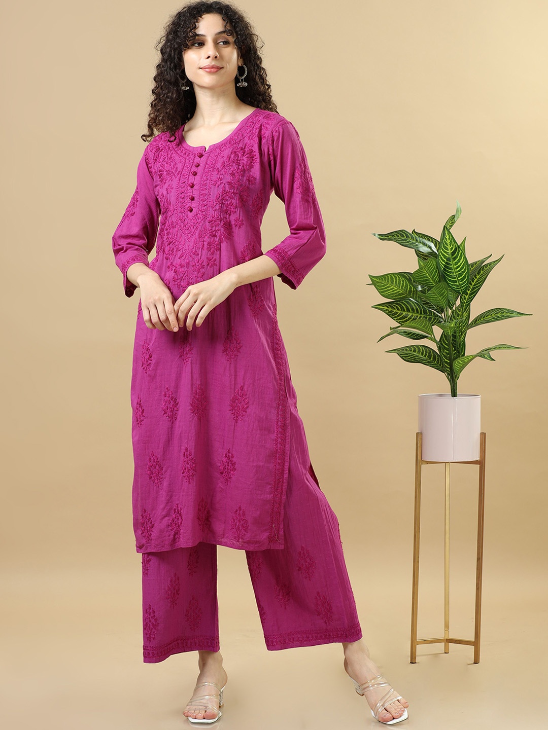 

Hassu's Women Embroidered Regular Thread Work Kurta with Palazzos, Purple