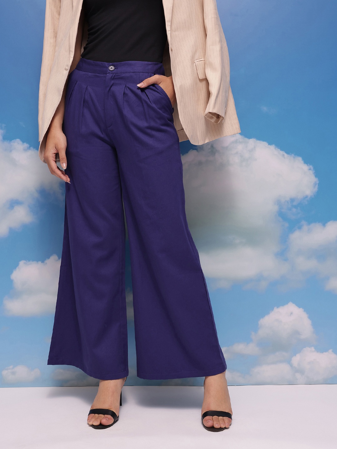 

CORSICA Women Cotton Pleated Flared Wide Leg Trousers, Blue