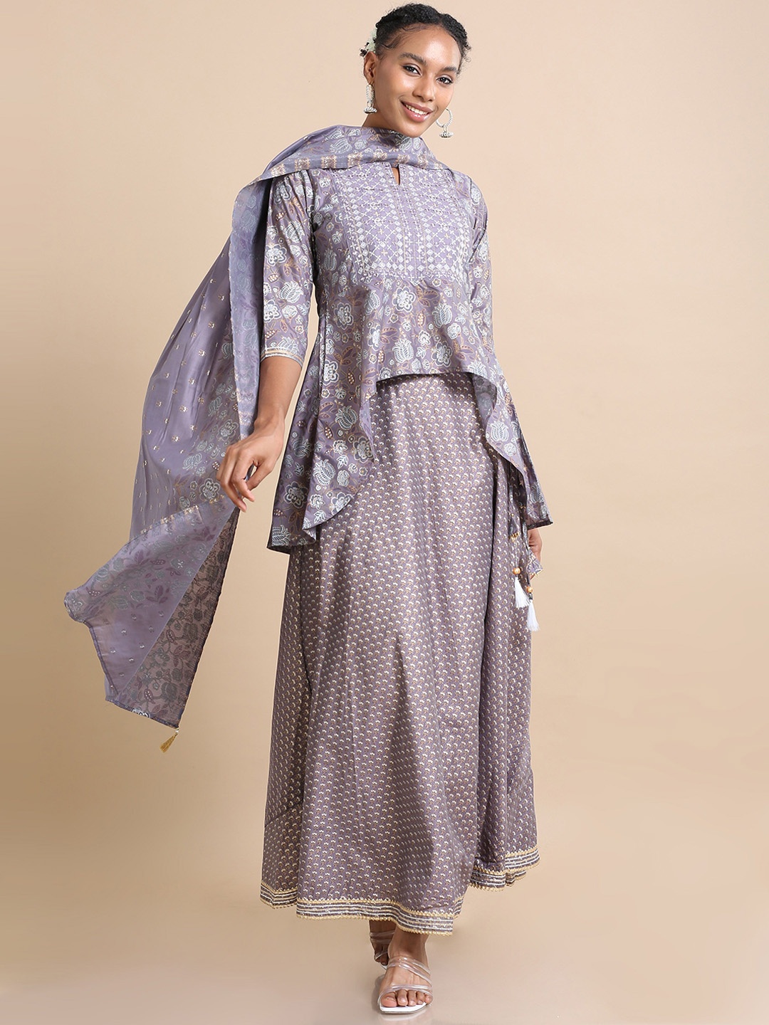 

Hassu's Women Floral Printed Regular Chanderi Cotton Kurta with Skirt & With Dupatta, Purple
