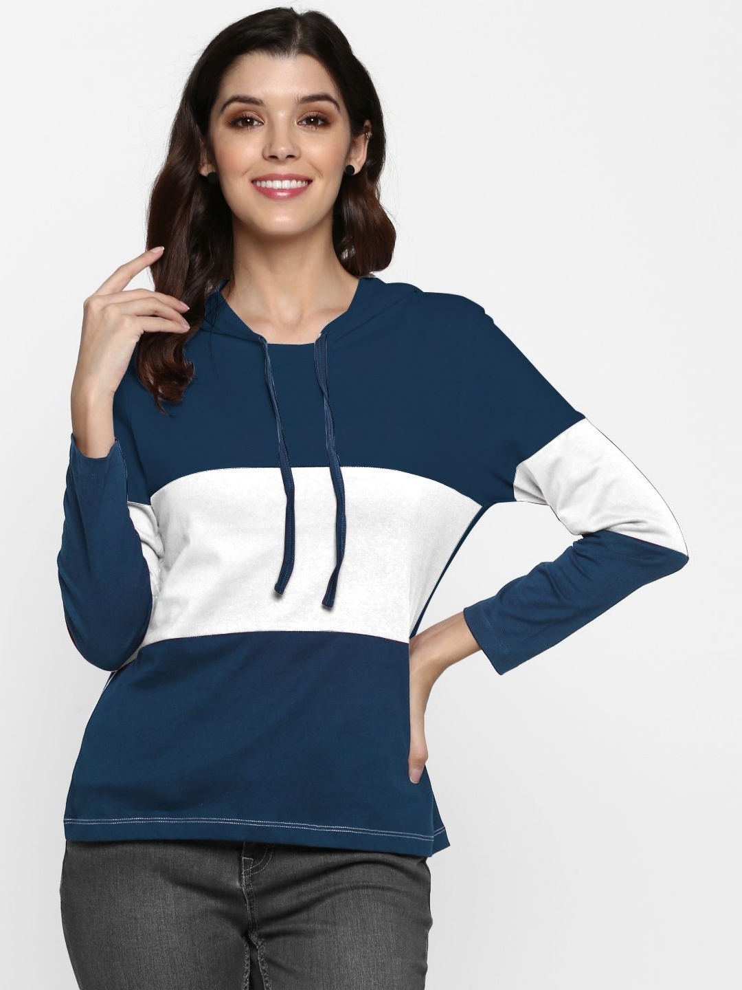 

Moda Rapido Women Colourblocked Hooded Pockets Slim Fit T-shirt, Multi