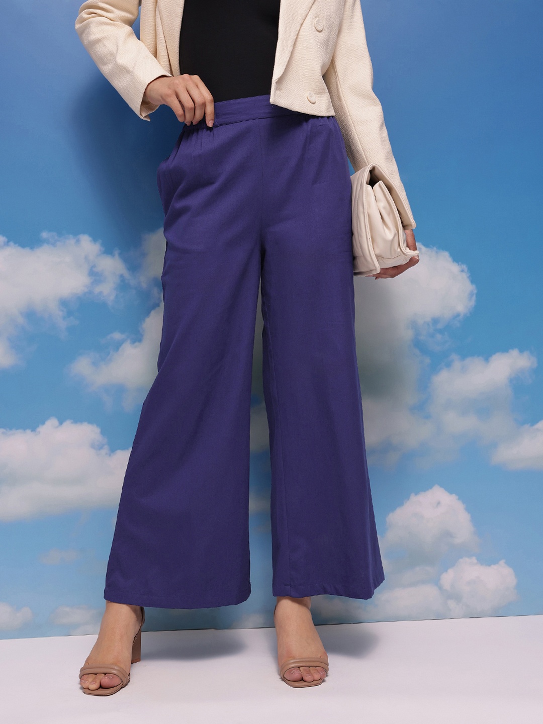 

CORSICA Women Cotton Flared Trousers, Blue