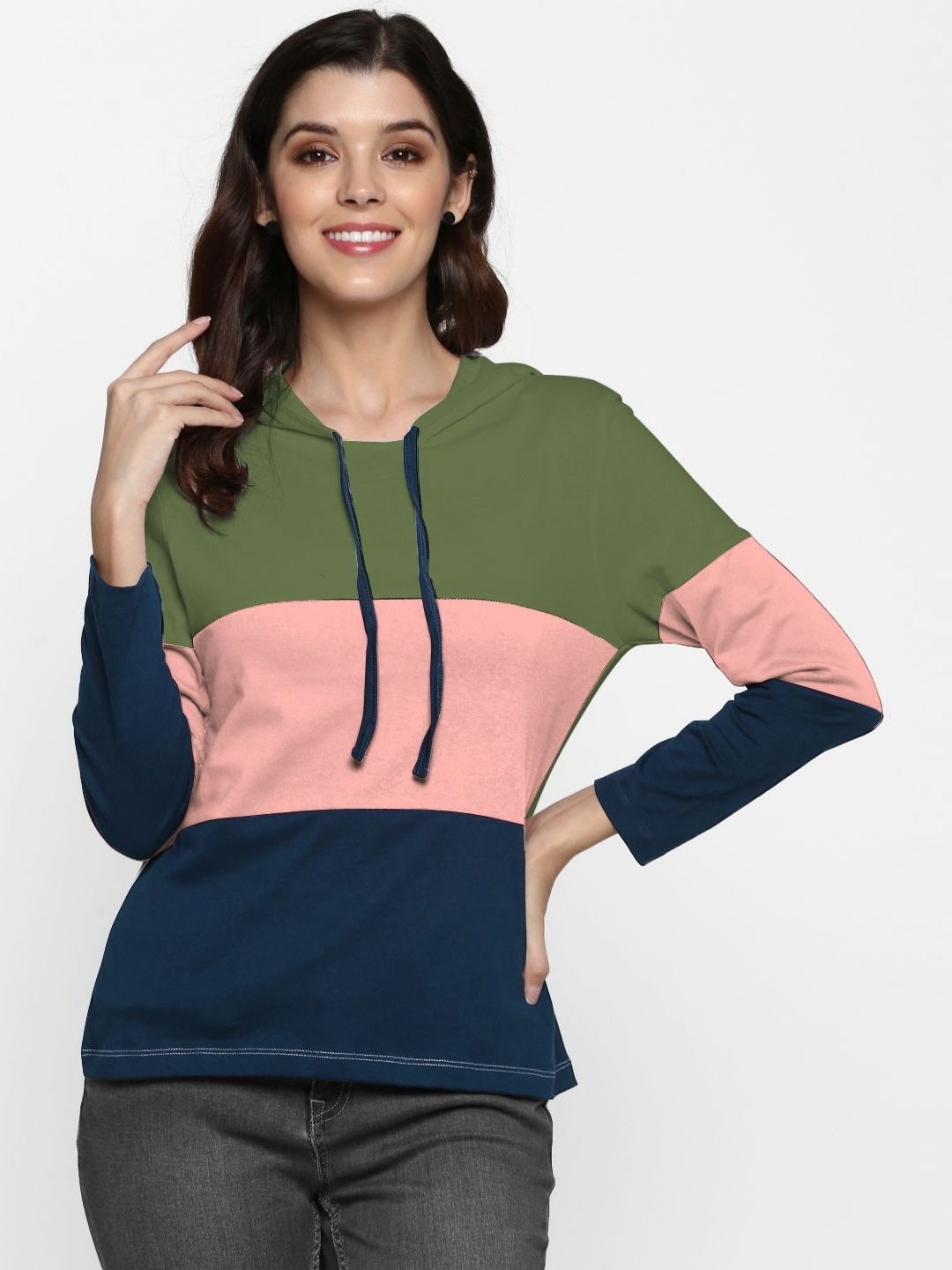 

Moda Rapido Women Colourblocked Hooded Pockets Slim Fit T-shirt, Multi