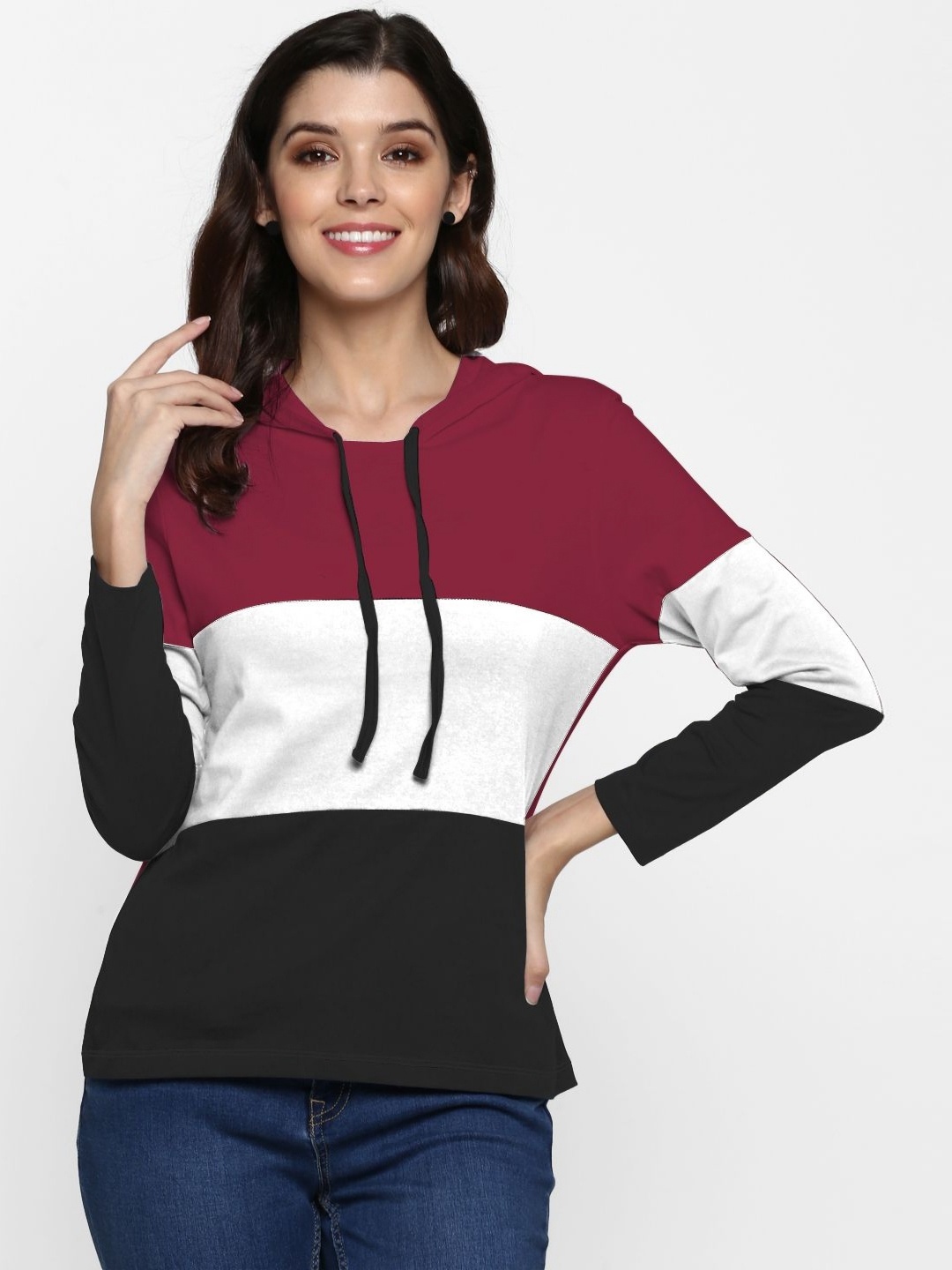 

Moda Rapido Women Colourblocked Hooded Applique Slim Fit T-shirt, Multi