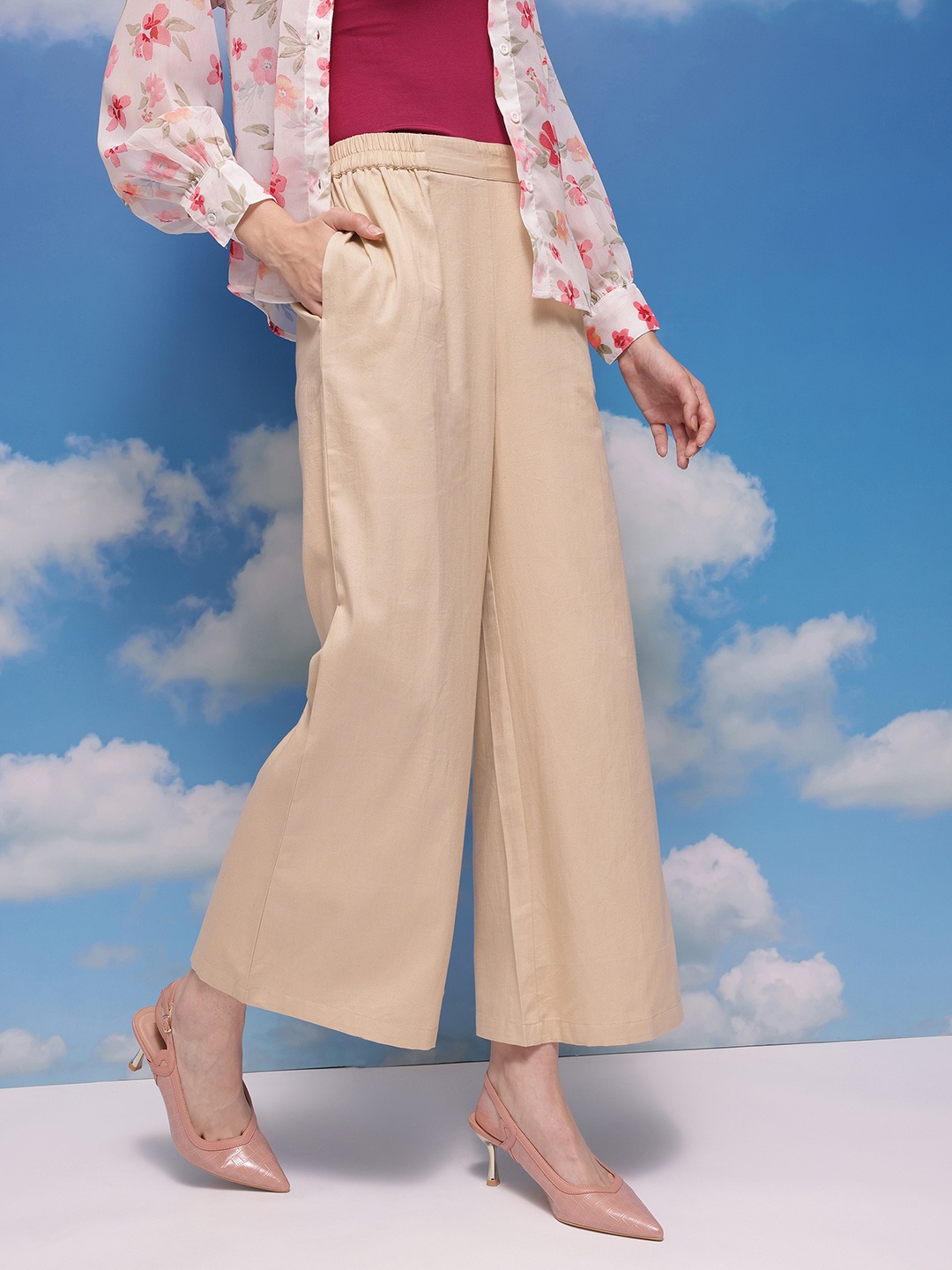 

CORSICA Women Cotton Flared Wide Leg Trousers, Beige