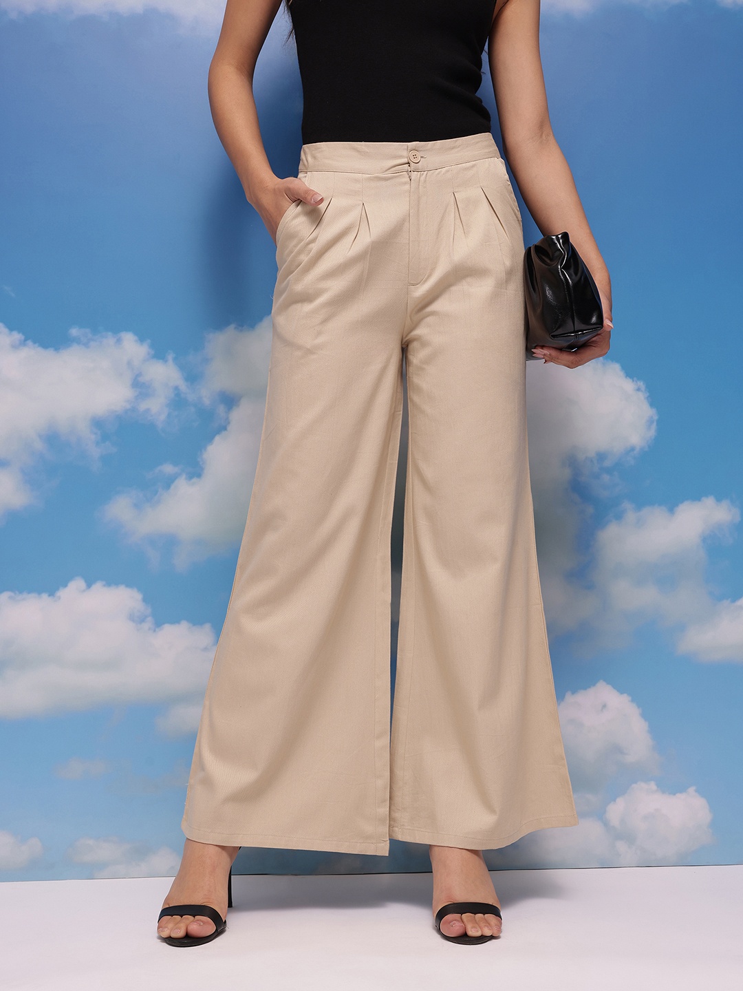 

CORSICA Women Cotton Pleated Flared Wide Leg Trousers, Beige