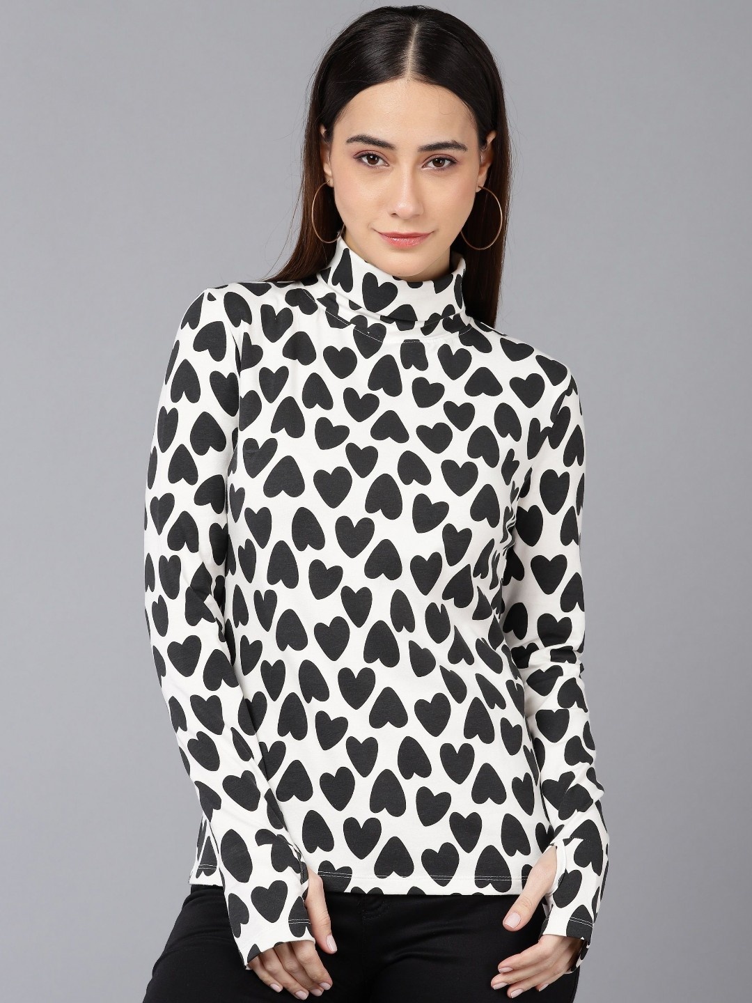 

Moda Rapido Women Printed Turtle Neck Monochrome Pockets Slim Fit T-shirt, White