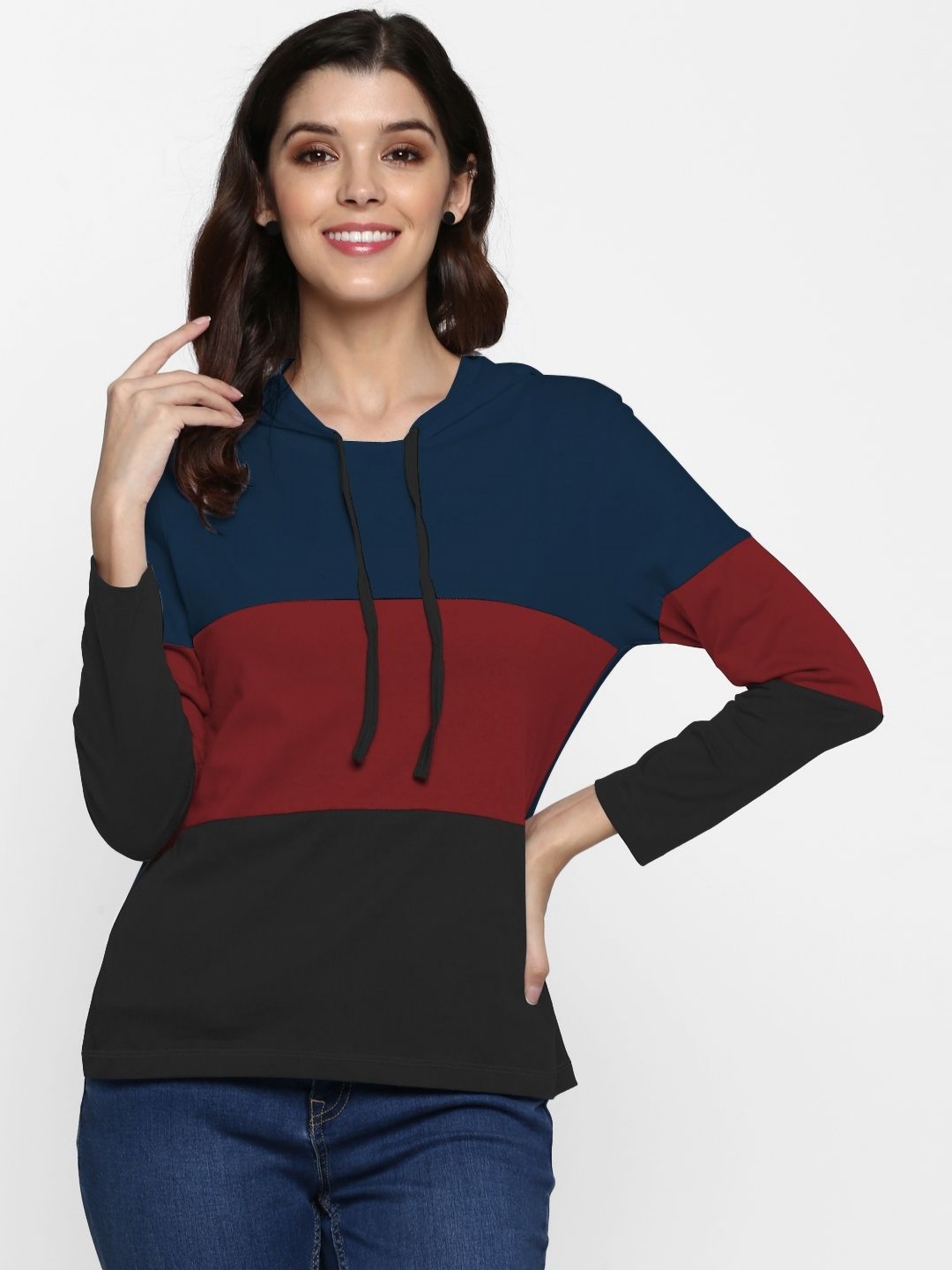 

Moda Rapido Women Colourblocked Hooded Pockets Slim Fit T-shirt, Multi