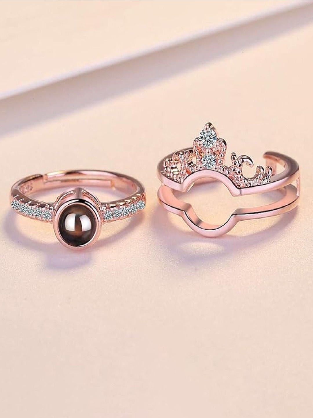 

RUHI COLLECTION Set Of 2 Cubic Zirconia Studded Couple Adjustable Finger Rings, Rose gold