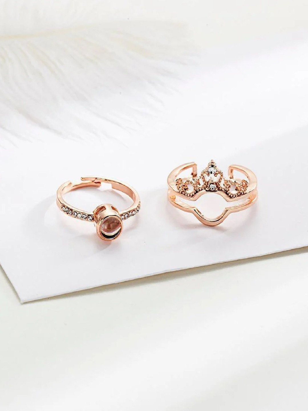 

RUHI COLLECTION Set Of 2 Cubic Zirconia Studded Couple Adjustable Finger Rings, Rose gold