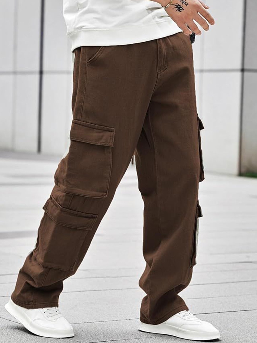 

URNAN INDY Multi Pocket Cotton Cargo Trousers, Brown