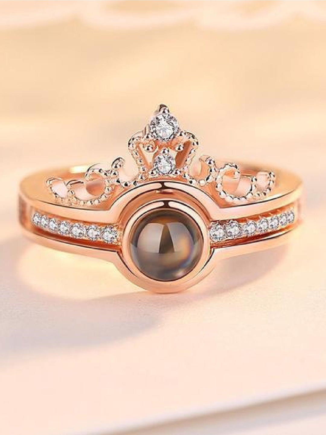 

RUHI COLLECTION Set Of 2 Cubic Zirconia Studded Couple Adjustable Finger Rings, Rose gold