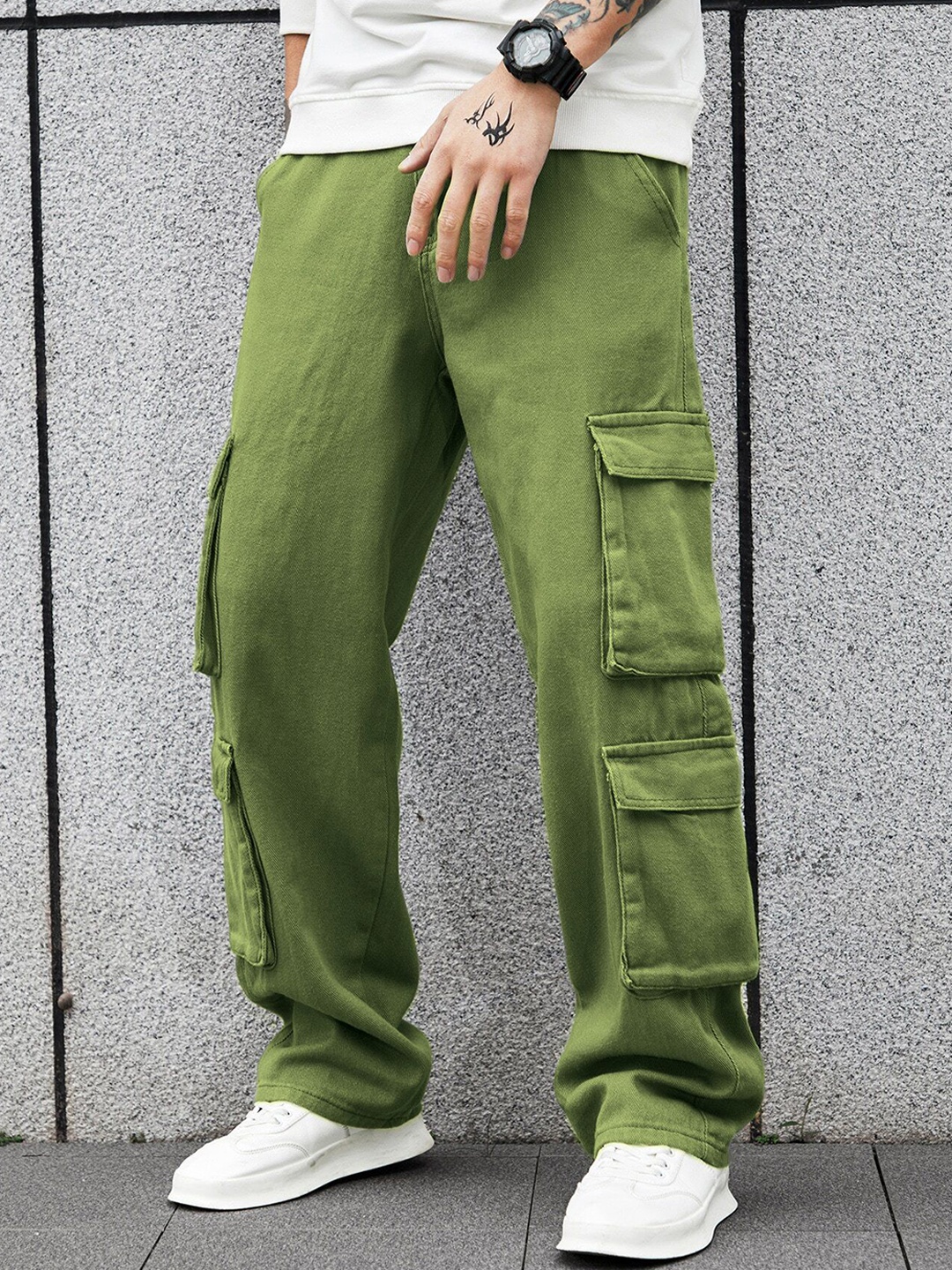 

URNAN INDY Multi Pocket Cotton Cargo Trousers, Green