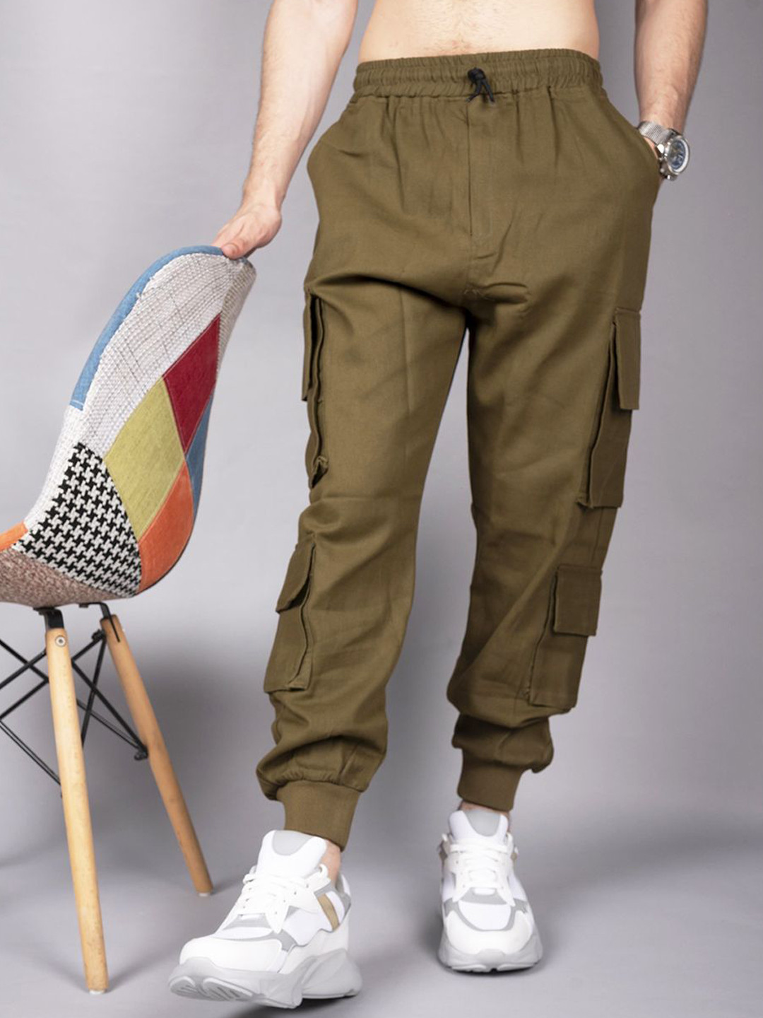 

URNAN INDY Multi Pocket Cotton Jogger Trousers, Olive