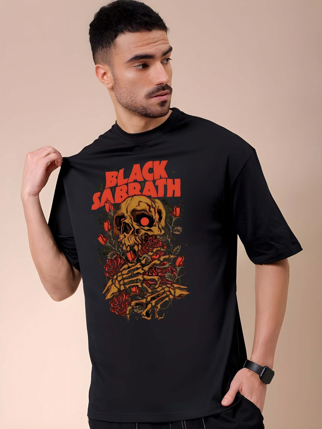 

BOWLIFESTYLE Men Drop-Shoulder Sleeves Pure Cotton T-shirt, Black