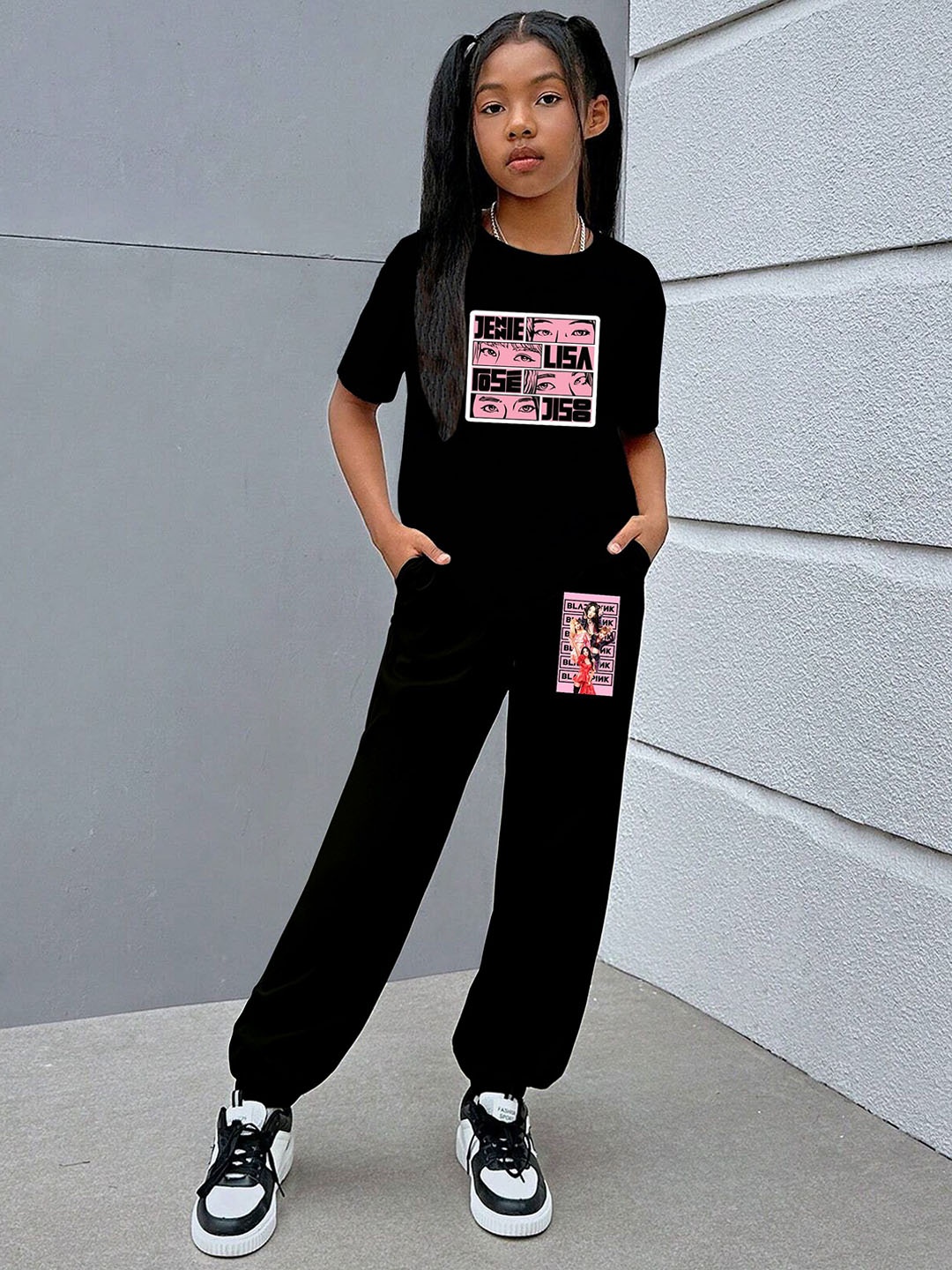 

BAESD Girls Cartoon Printed Tshirt With Joggers, Black