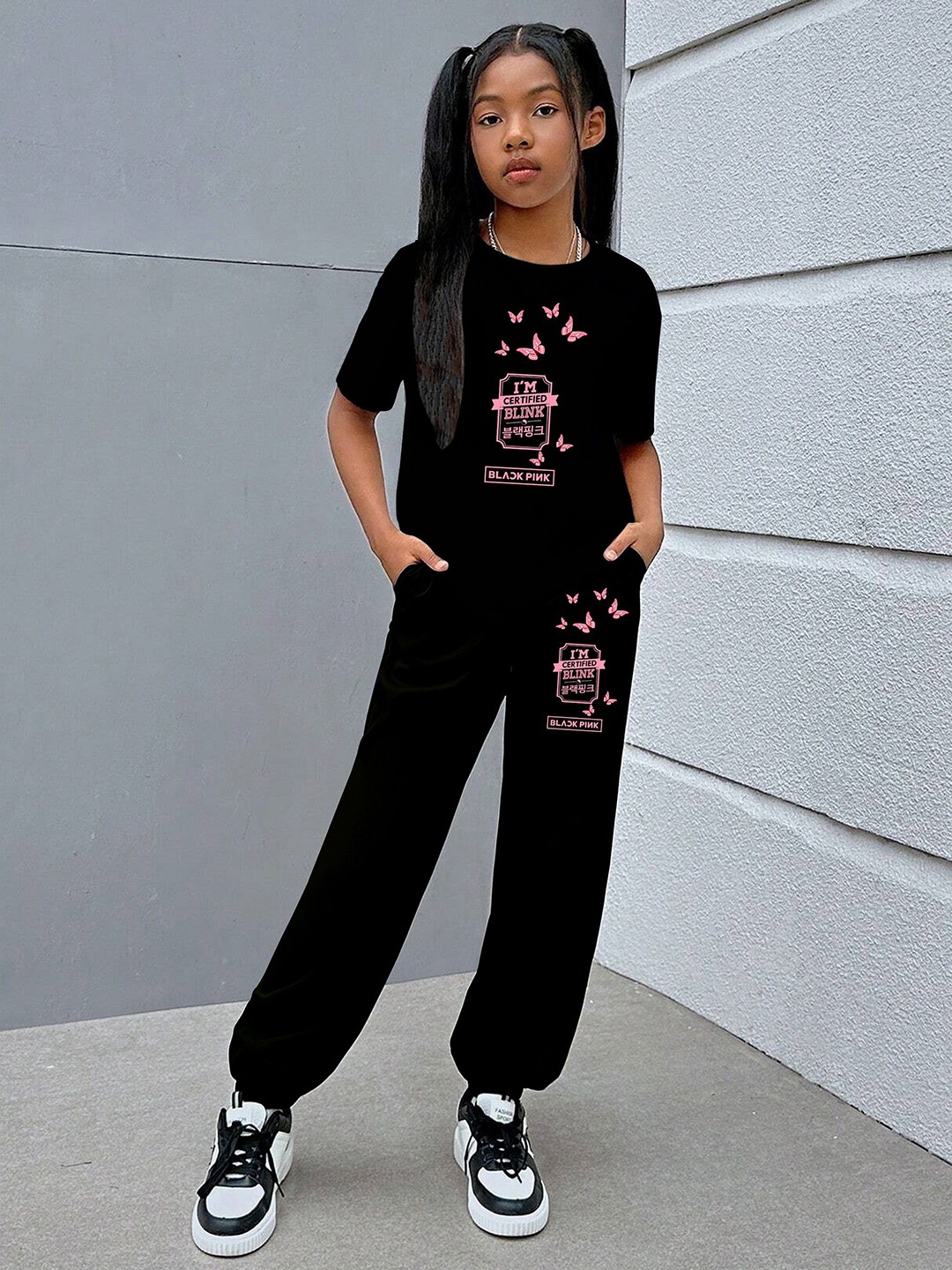 

BAESD Girls Printed T-Shirt With Joggers, Black