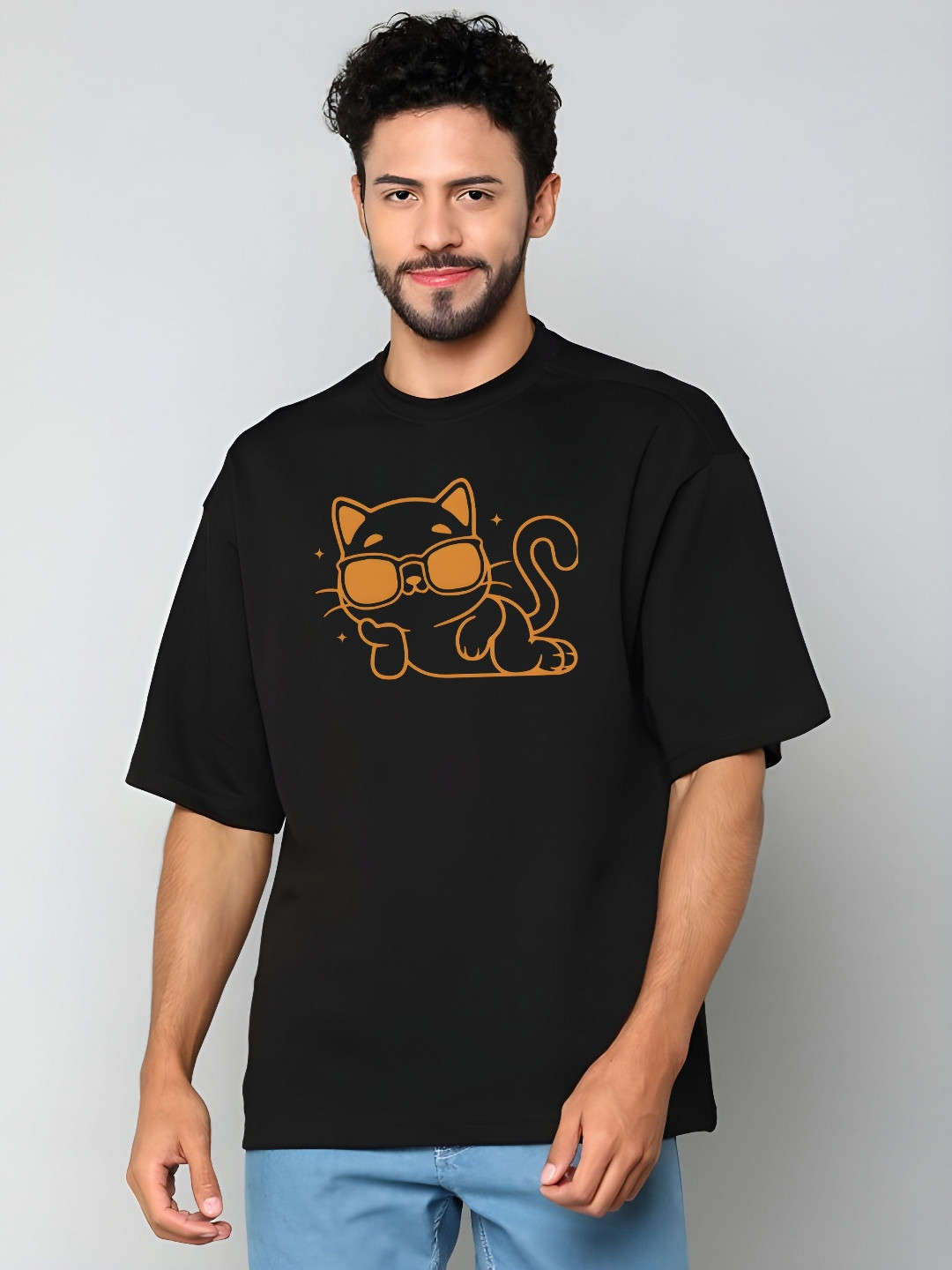 

BOWLIFESTYLE Drop-Shoulder Sleeves Pure Cotton Baggy T-shirt, Black