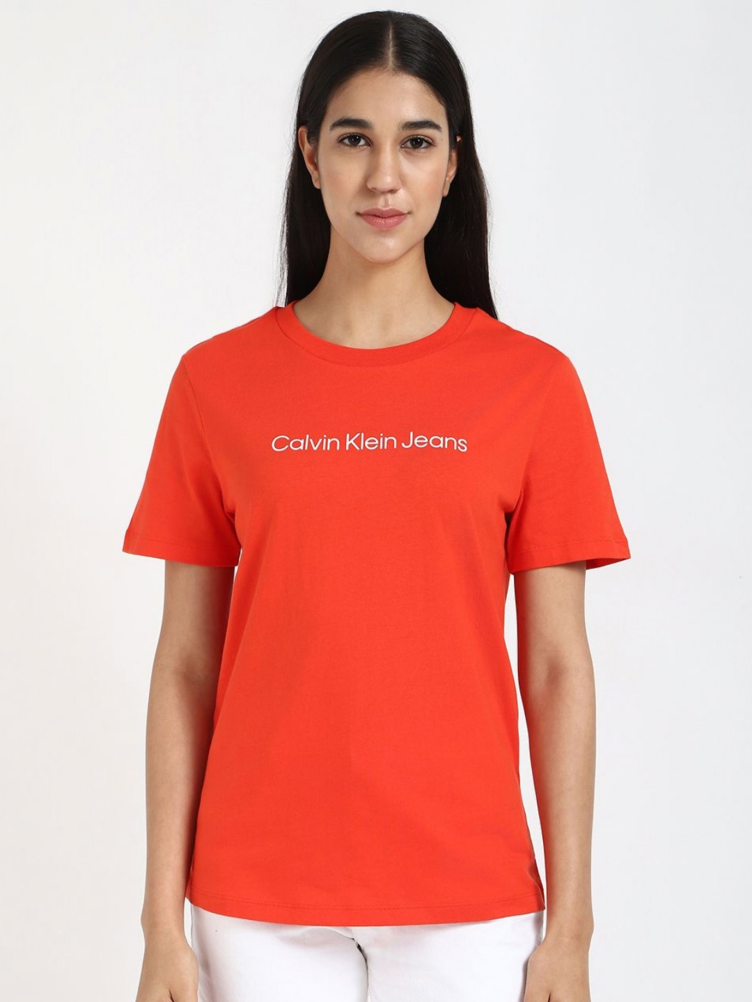

Calvin Klein Jeans Women Drop-Shoulder Sleeves Raw Edge T-shirt, Red