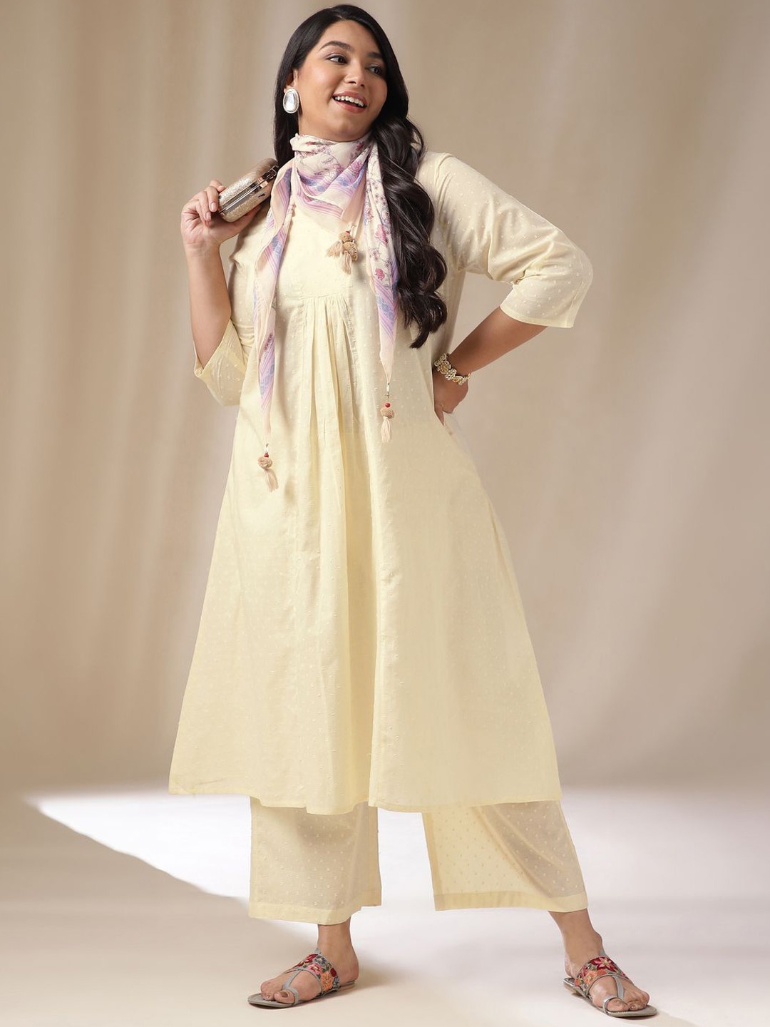 

KALINI Women Panelled Pure Cotton Kurta with Palazzos & With Dupatta, Cream