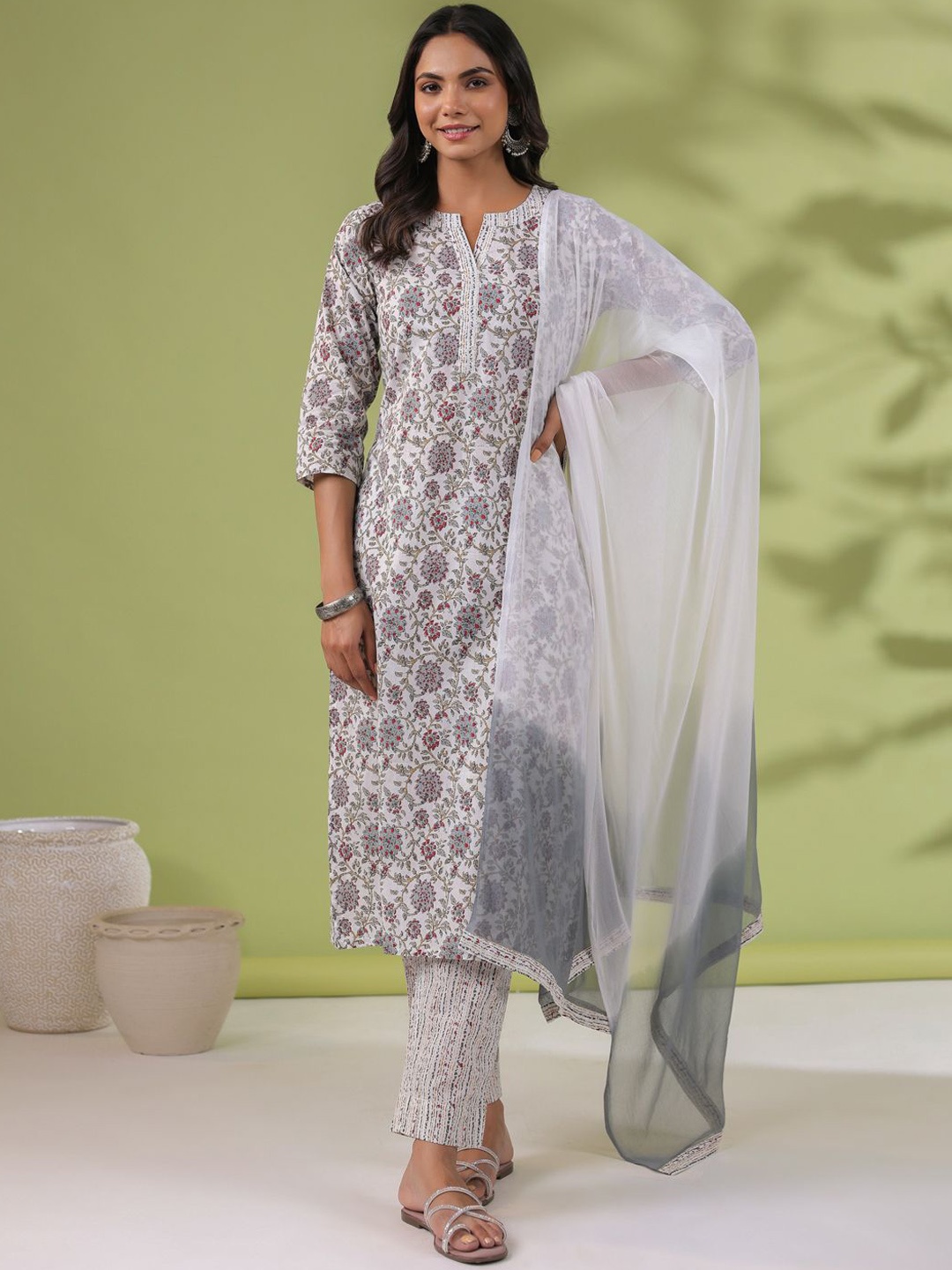 

KALINI Women Floral Printed Regular Pure Cotton Kurta with Trousers & With Dupatta, White