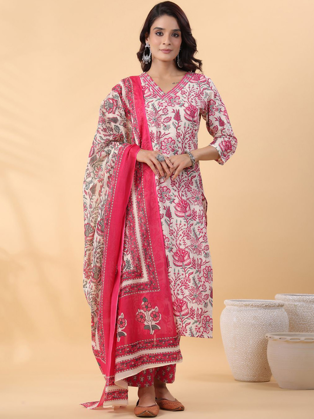 

KALINI Women Floral Printed Regular Pure Cotton Kurta with Trousers & With Dupatta, Off white