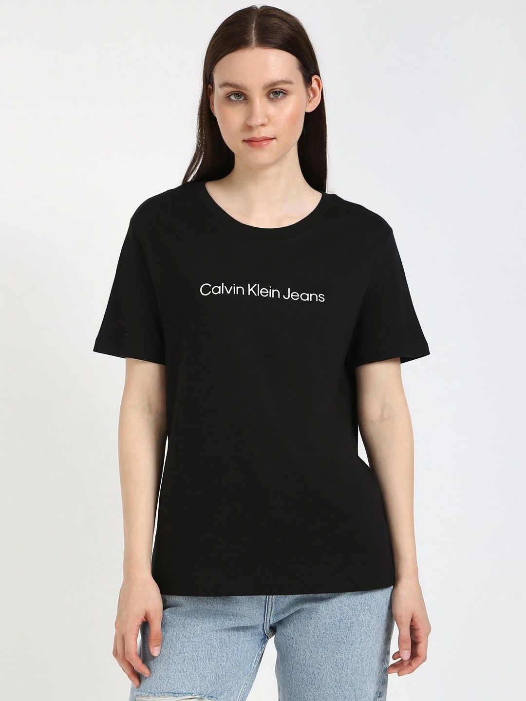 

Calvin Klein Jeans Women Typography Extended Sleeves Raw Edge T-shirt, Black