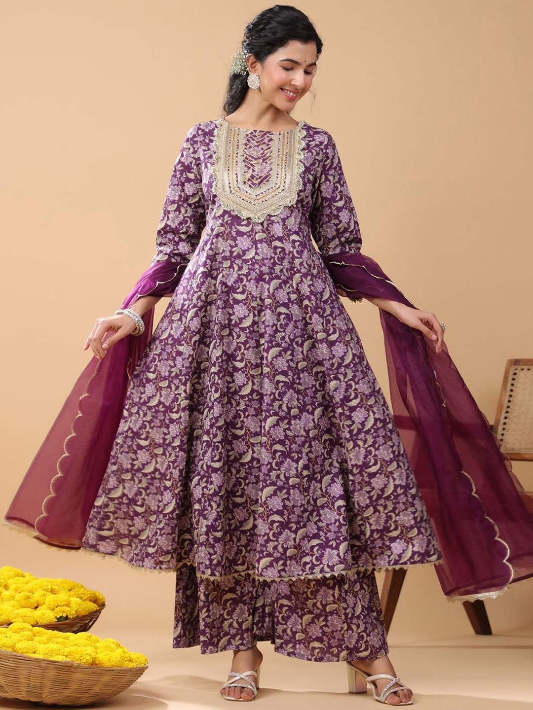 

KALINI Women Floral Printed Regular Pure Cotton Kurta with Palazzos & With Dupatta, Violet