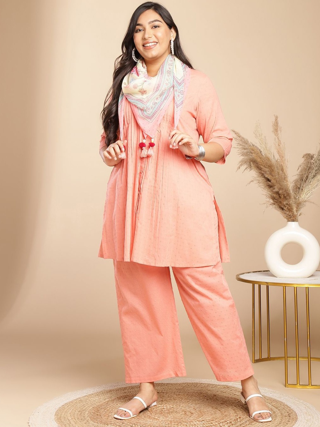 

KALINI Women Floral Regular Pure Cotton Kurta with Palazzos & With Dupatta, Peach