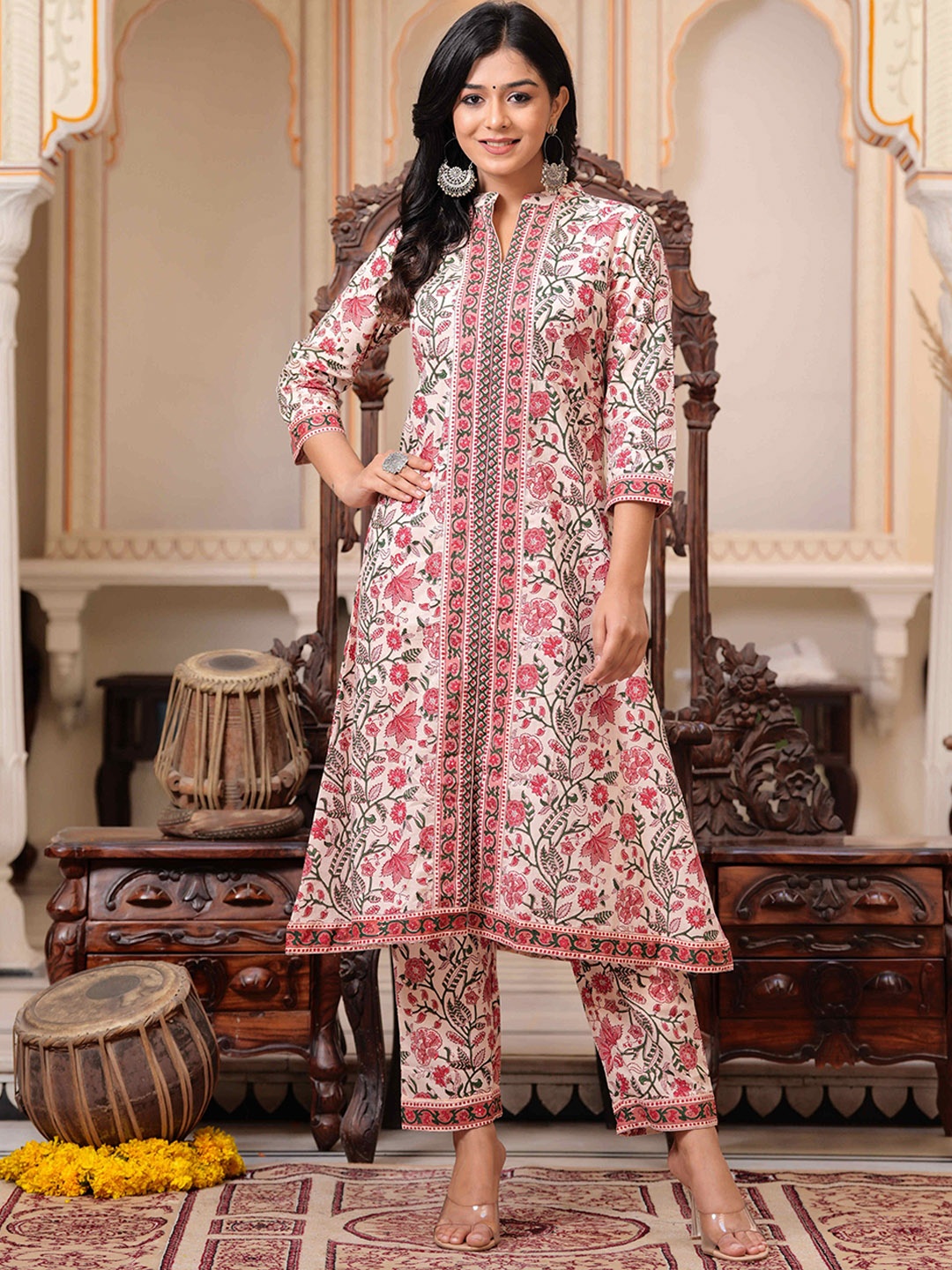 

NNAVDHA Women Floral Printed Regular Pure Cotton Kurta with Trousers, Pink