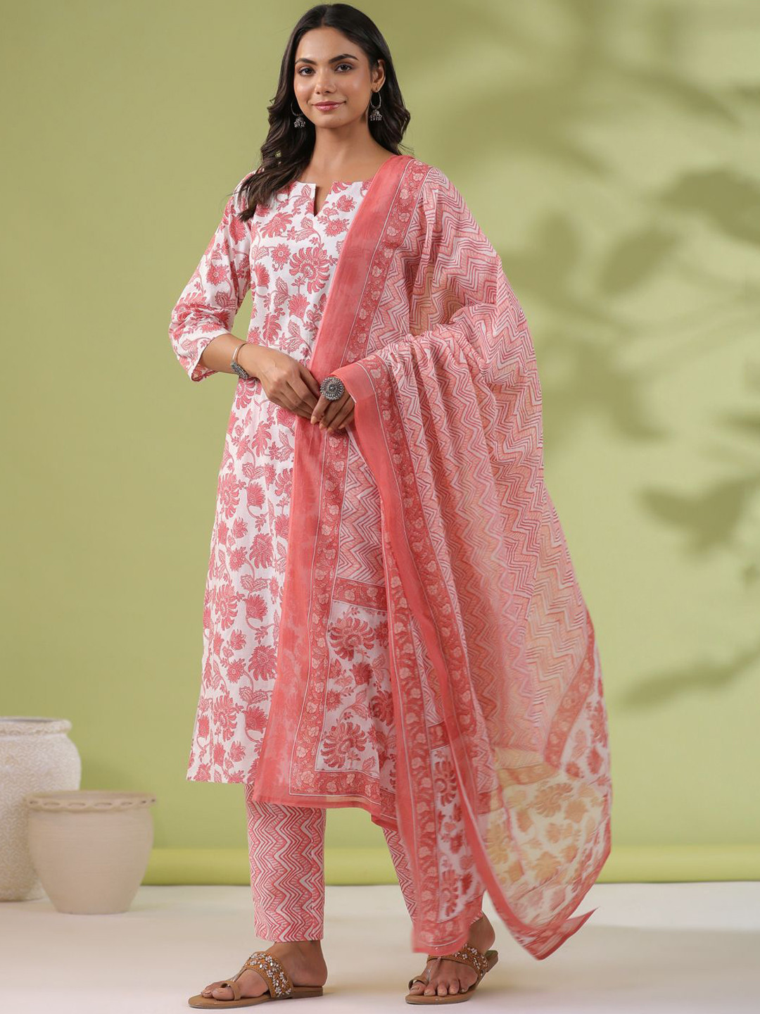 

KALINI Women Floral Printed Regular Pure Cotton Kurta with Trousers & With Dupatta, White