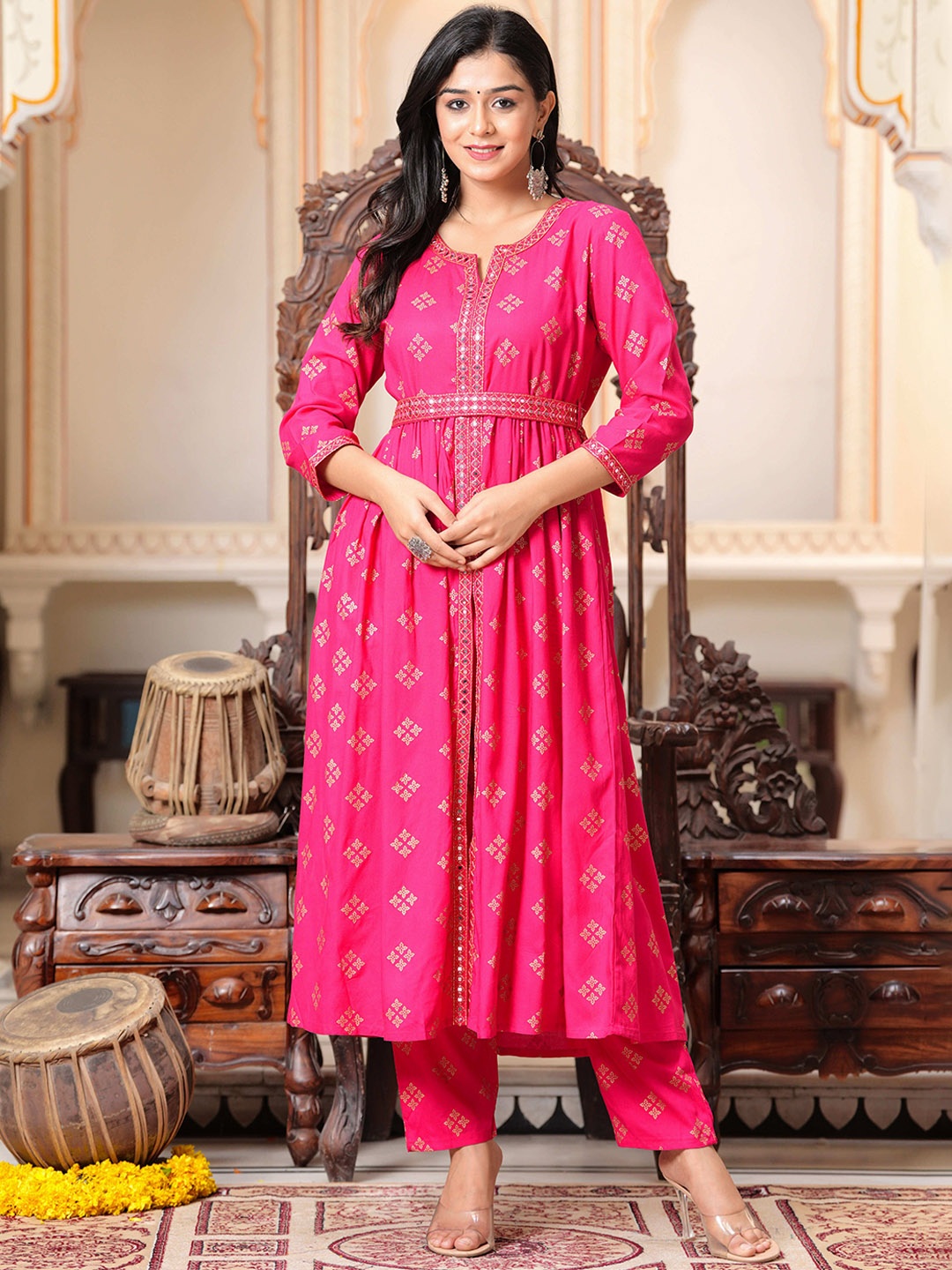 

NNAVDHA Women Floral Embroidered Regular Mirror Work Kurta with Trousers, Pink