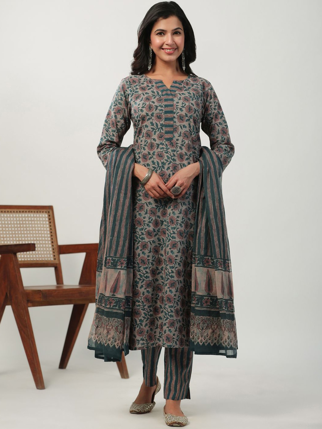 

KALINI Women Floral Printed Regular Pure Cotton Kurta with Trousers & With Dupatta, Beige