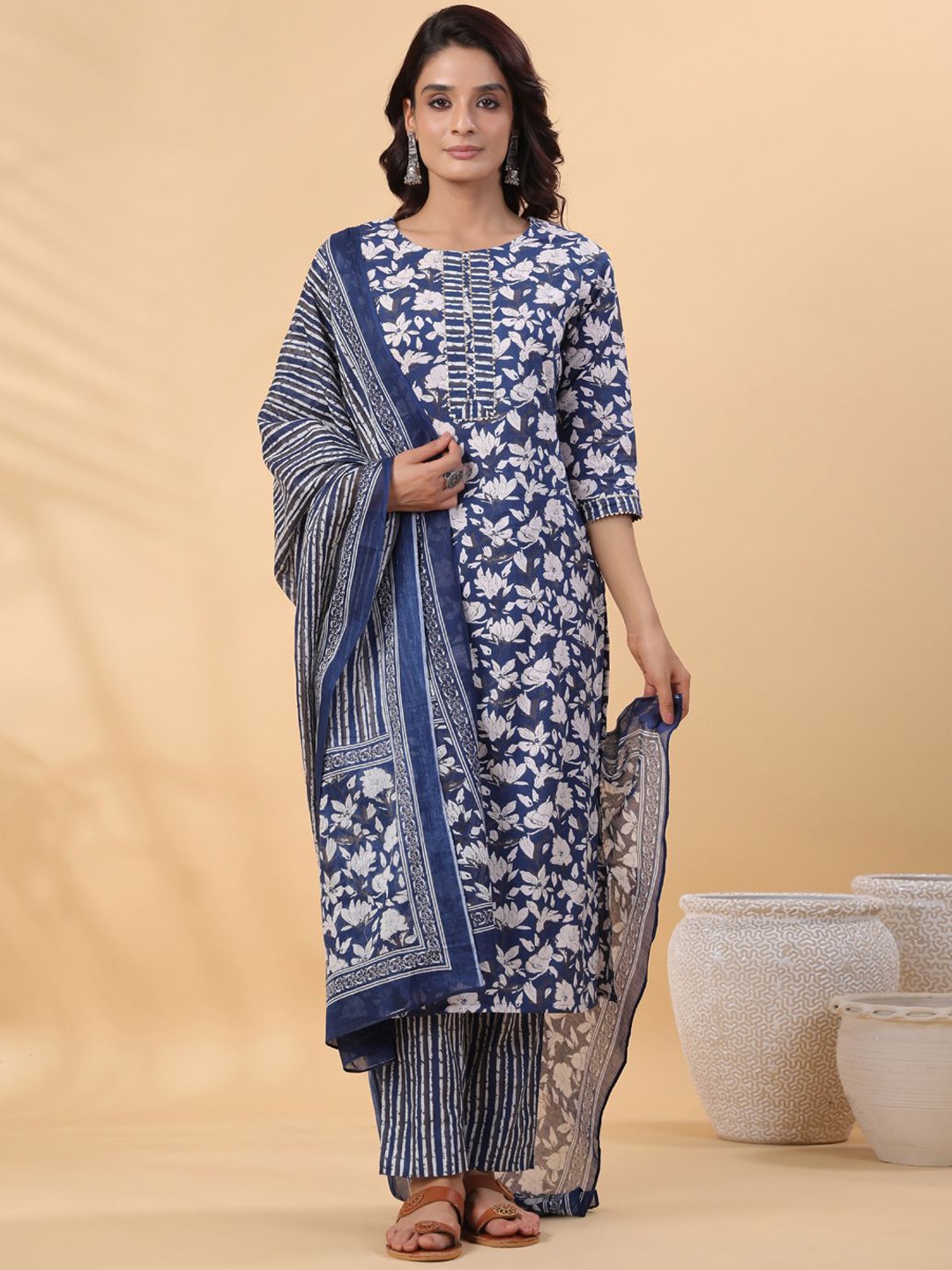 

KALINI Women Floral Printed Regular Pure Cotton Kurta with Trousers & With Dupatta, Blue