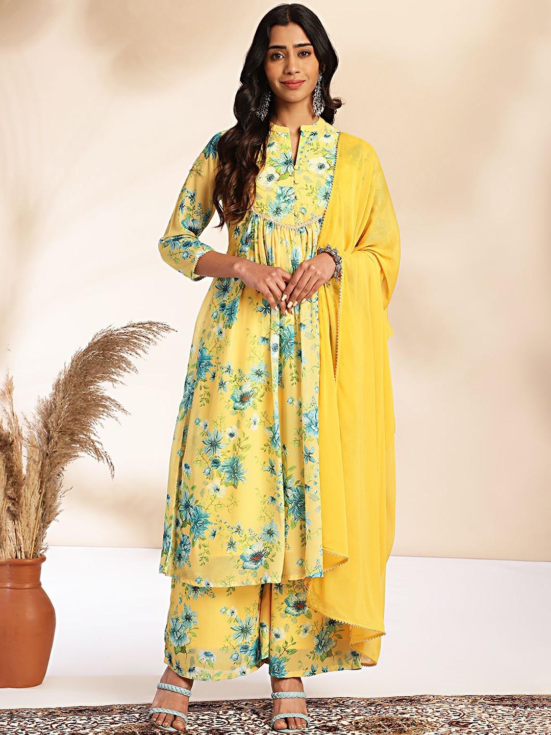 KALINI Women Floral Printed Regular Kurta with Palazzos & With Dupatta, Yellow