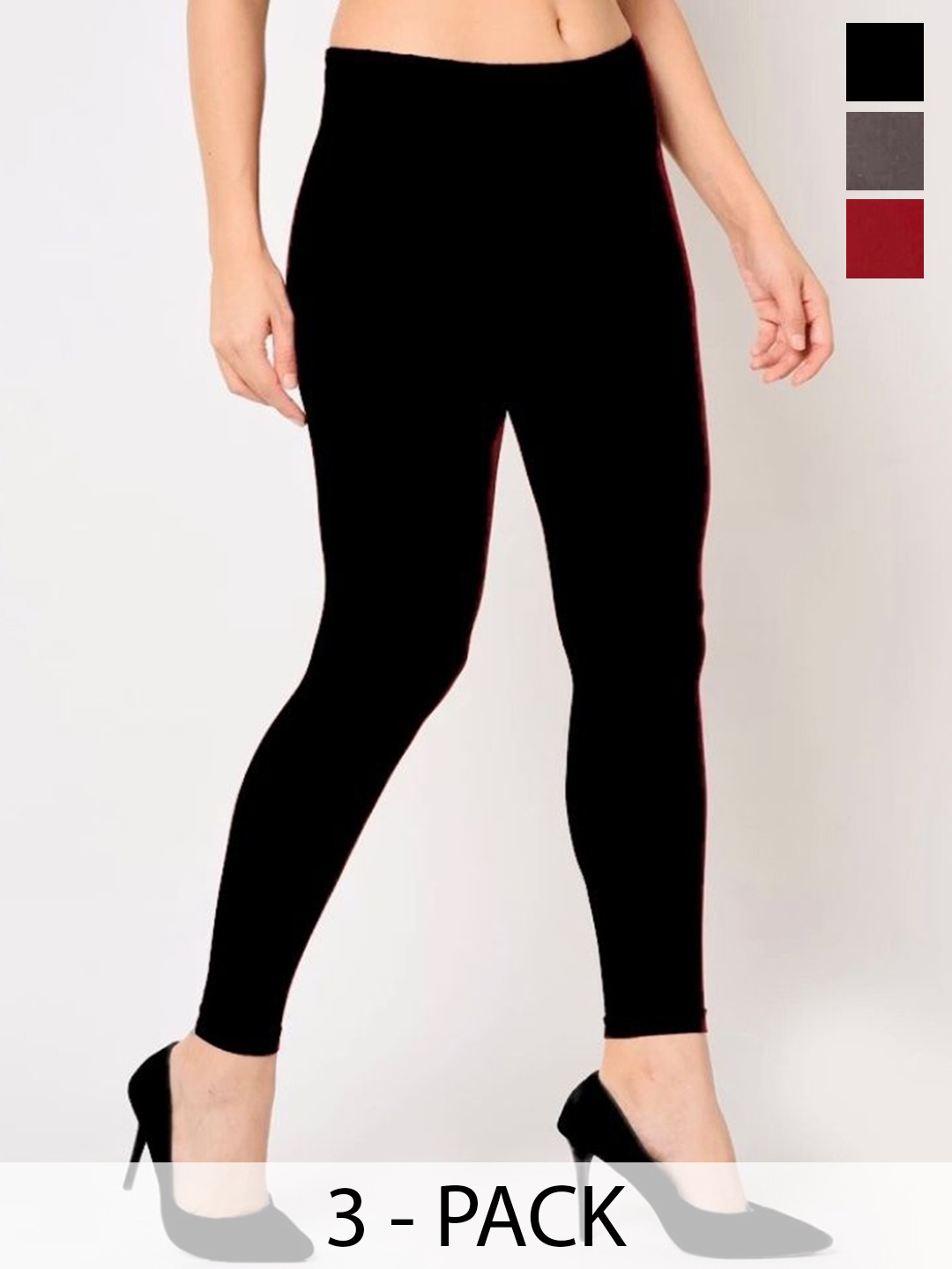 

BODYMIST Pack Of 3 Mid-Rise Pure Cotton Ankle-Length Leggings, Black