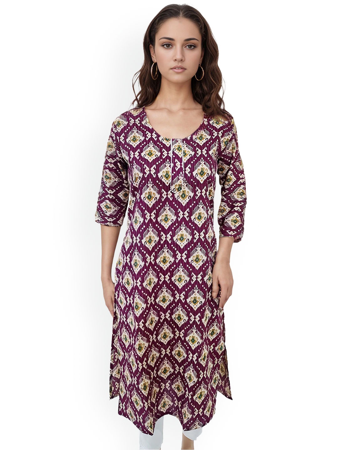 

RAYINVENT Ethnic Motifs Printed Round Neck Cotton Straight Kurta, Magenta