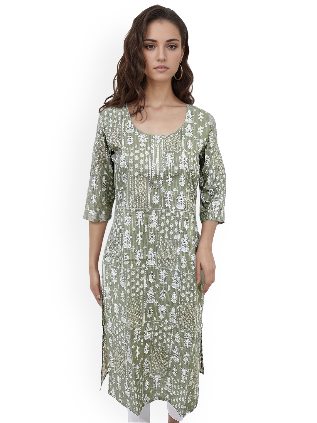 

RAYINVENT Floral Printed Round Neck Cotton Straight Kurta, Green