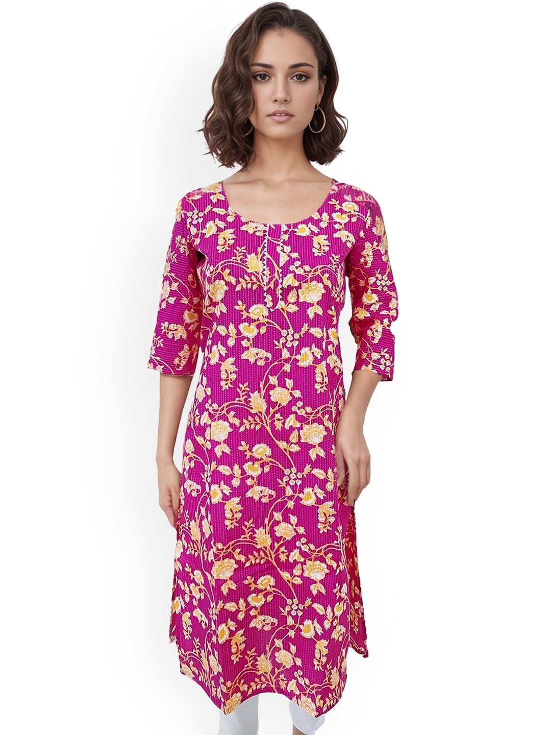 

RAYINVENT Floral Printed Round Neck Cotton Straight Kurta, Pink