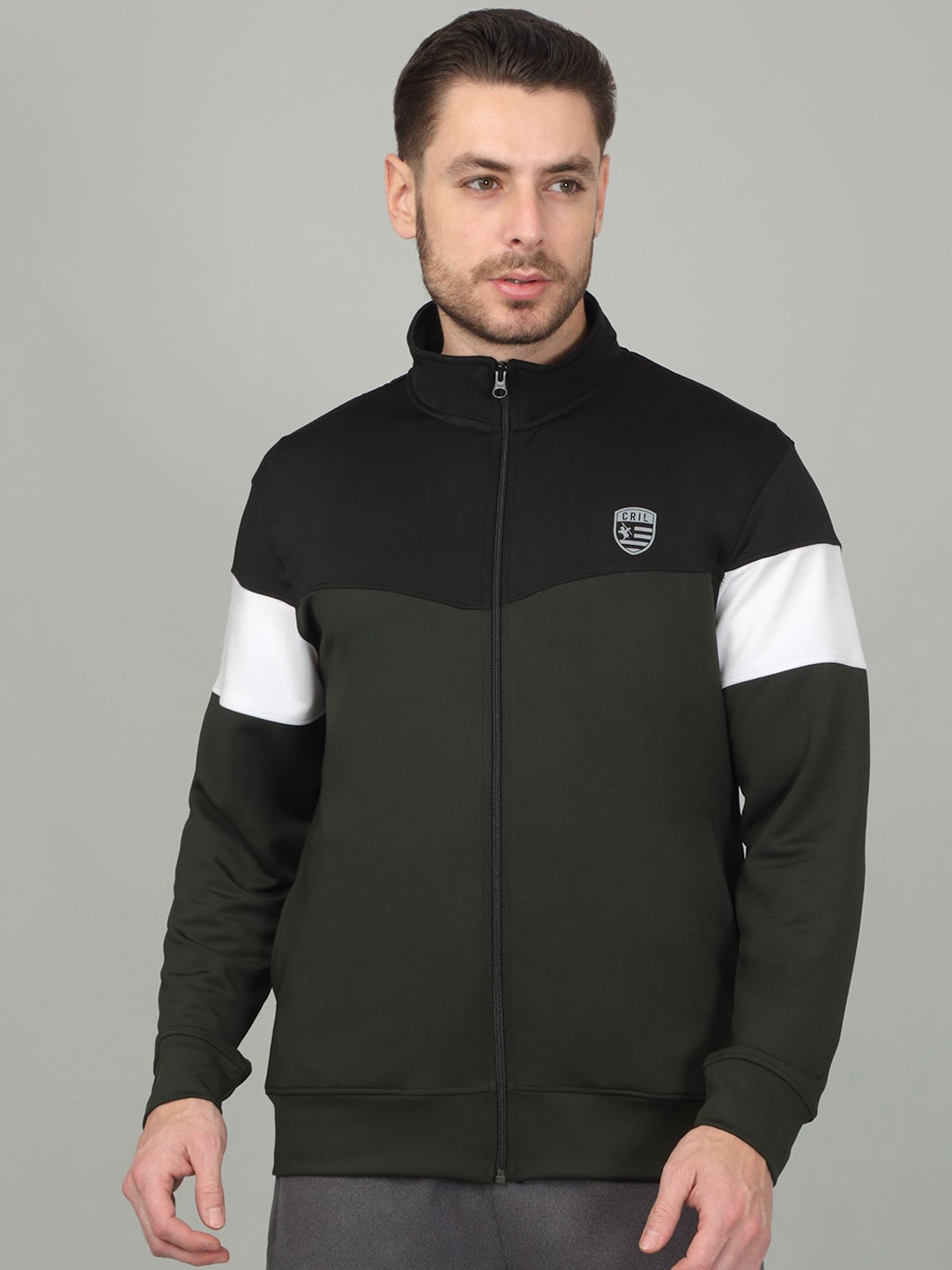 

Cantabil Men Colourblocked Open Front Jacket with Patchwork, Olive