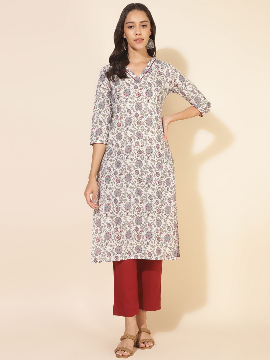 

KALINI Floral Printed Pure Cotton V-Neck Straight Kurta, White