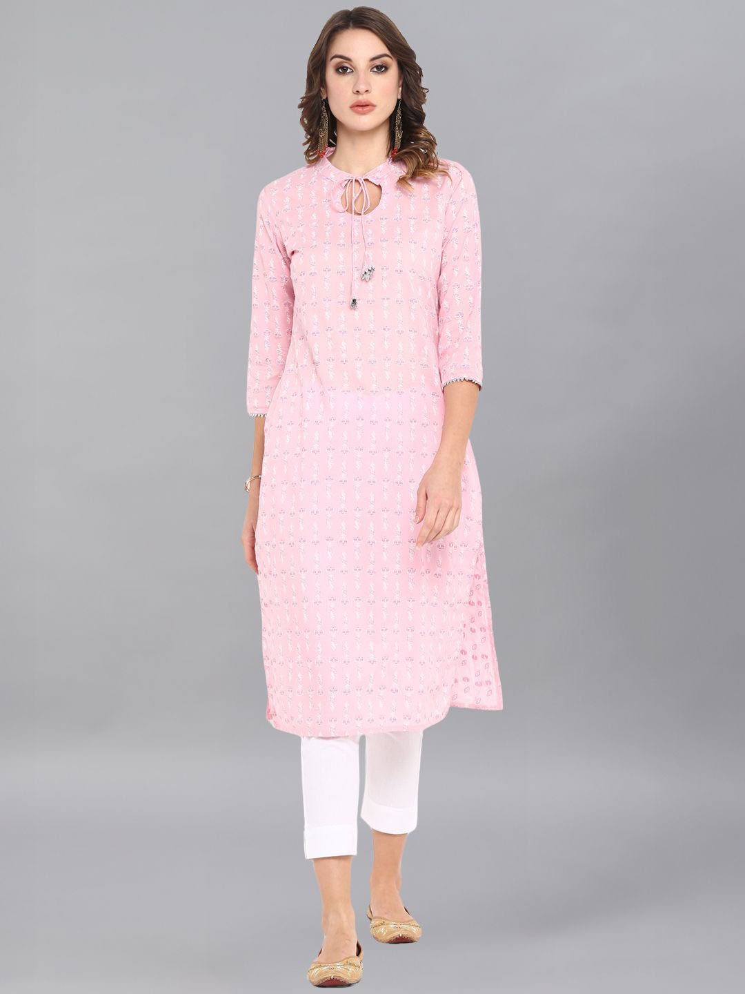 

KALINI Floral Printed Tie-Up Neck Straight Pure Cotton Kurta, Pink