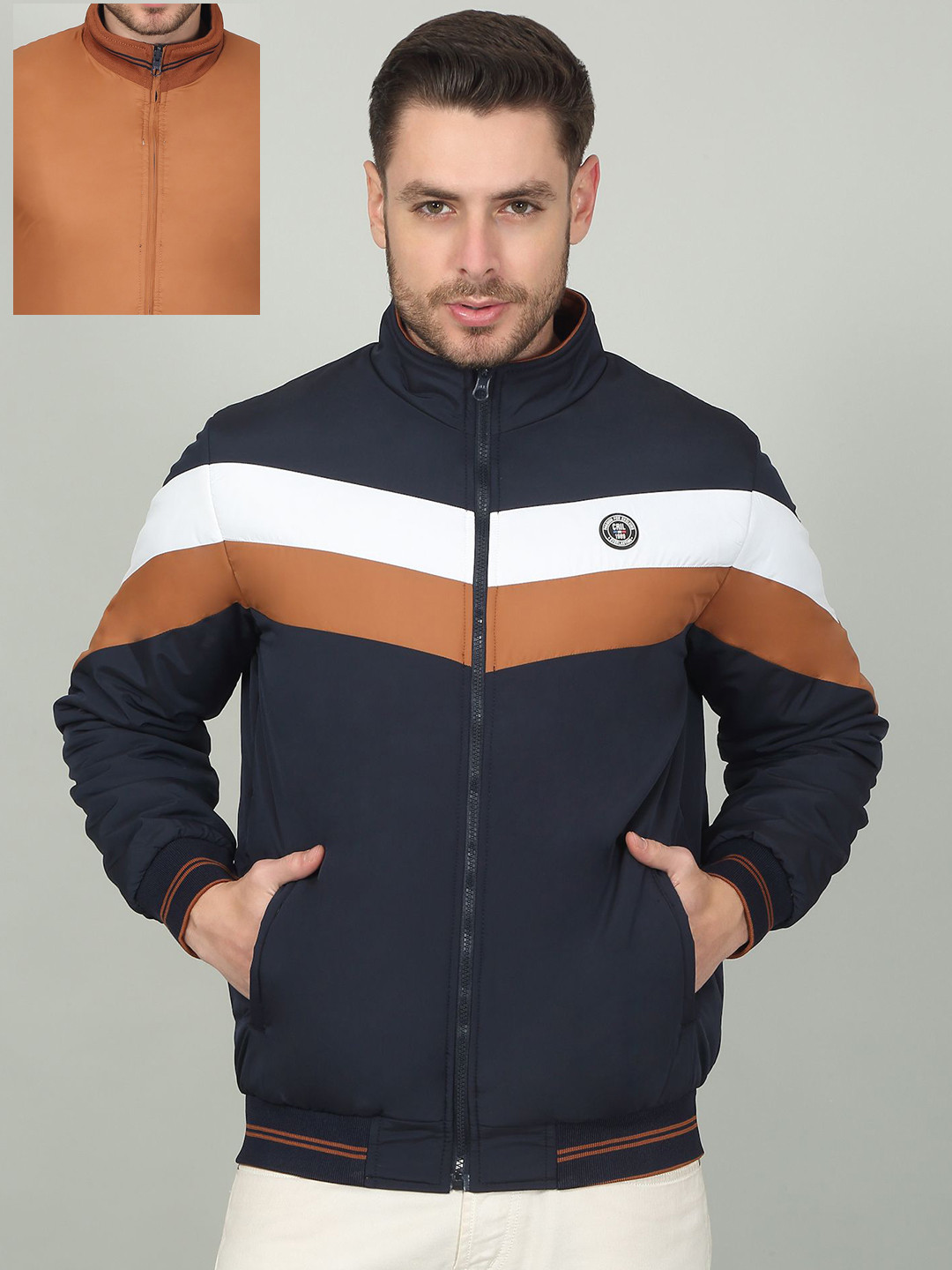 

Cantabil Men Colourblocked Reversible Open Front Jacket, Navy blue
