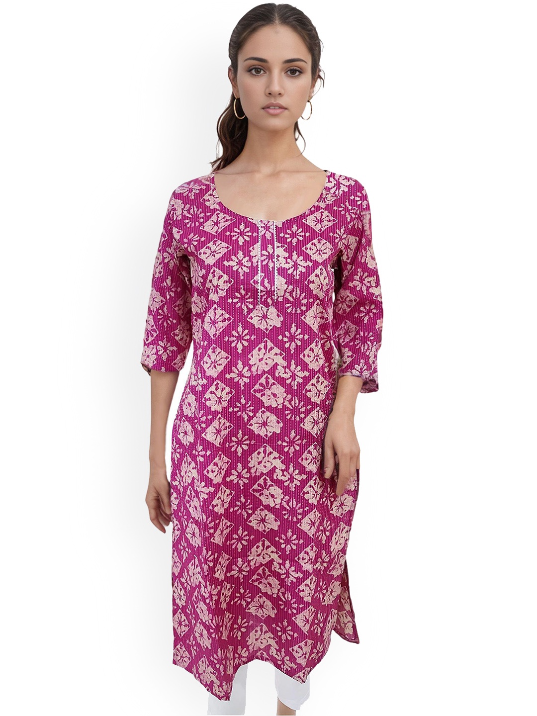 

RAYINVENT Floral Printed Round Neck Straight Pure Cotton Kurta, Pink