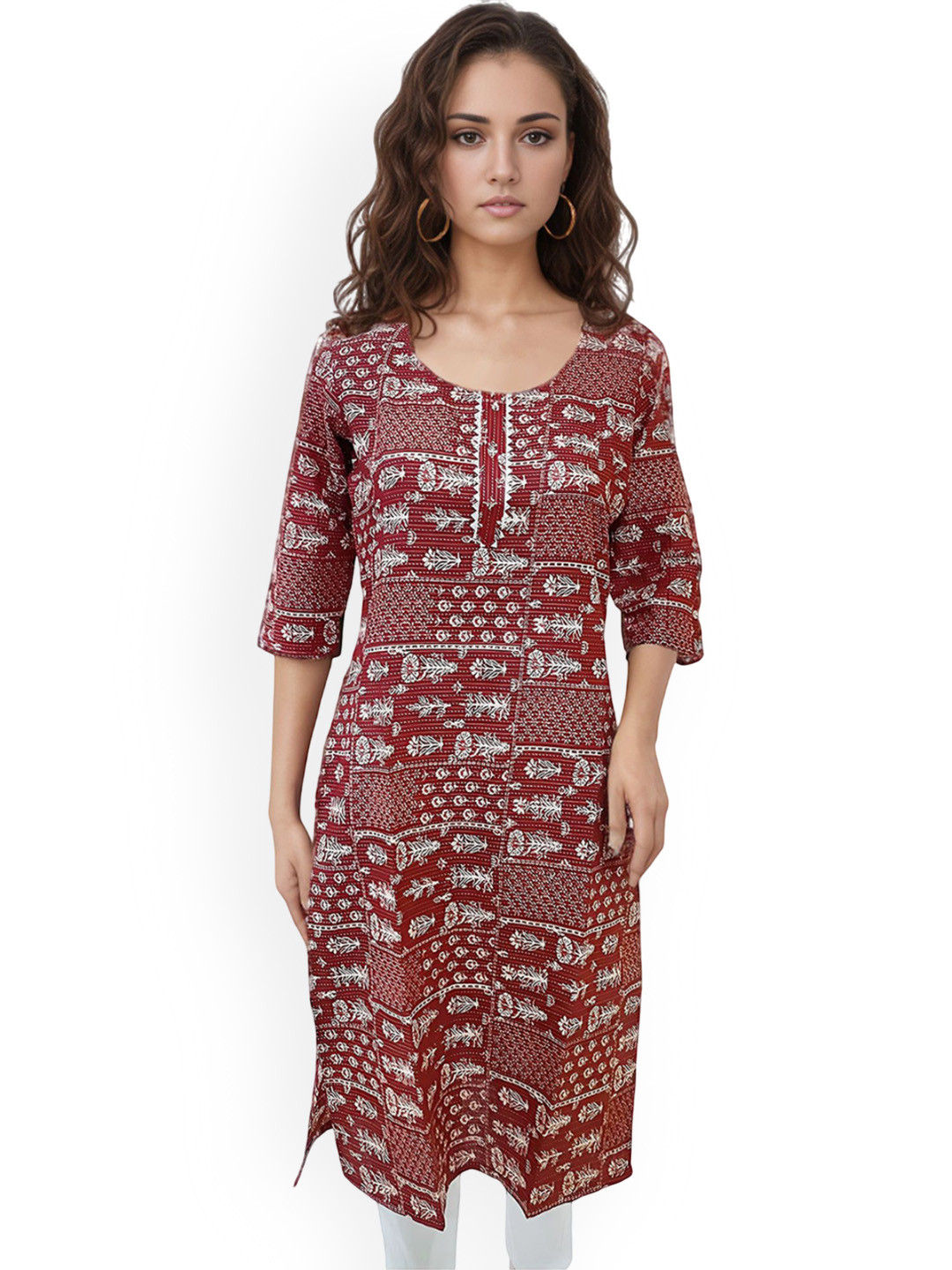 

RAYINVENT Floral Printed Round Neck Straight Pure Cotton Kurta, Brown
