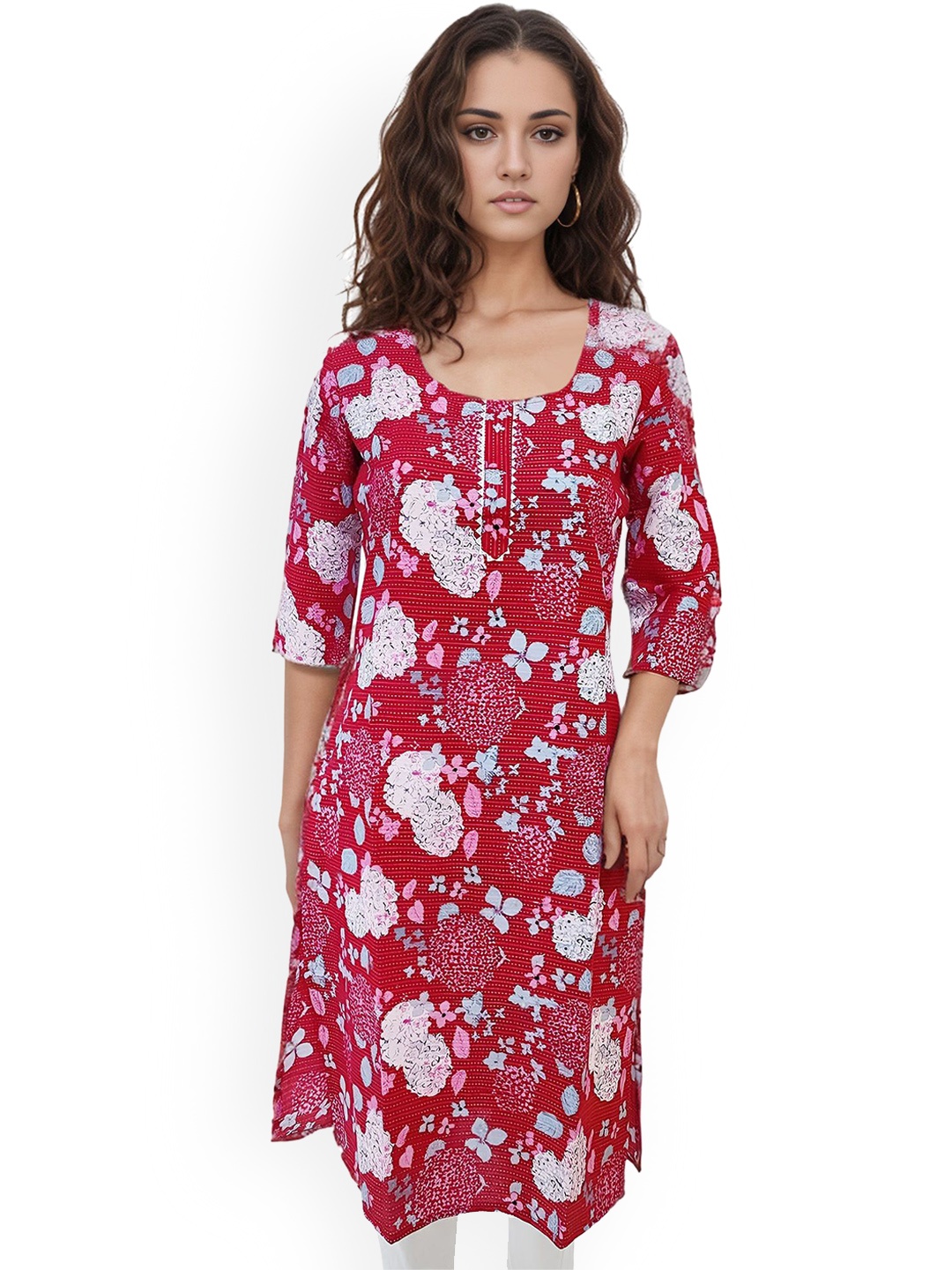 

RAYINVENT Floral Printed Round Neck Straight Pure Cotton Kurta, Red