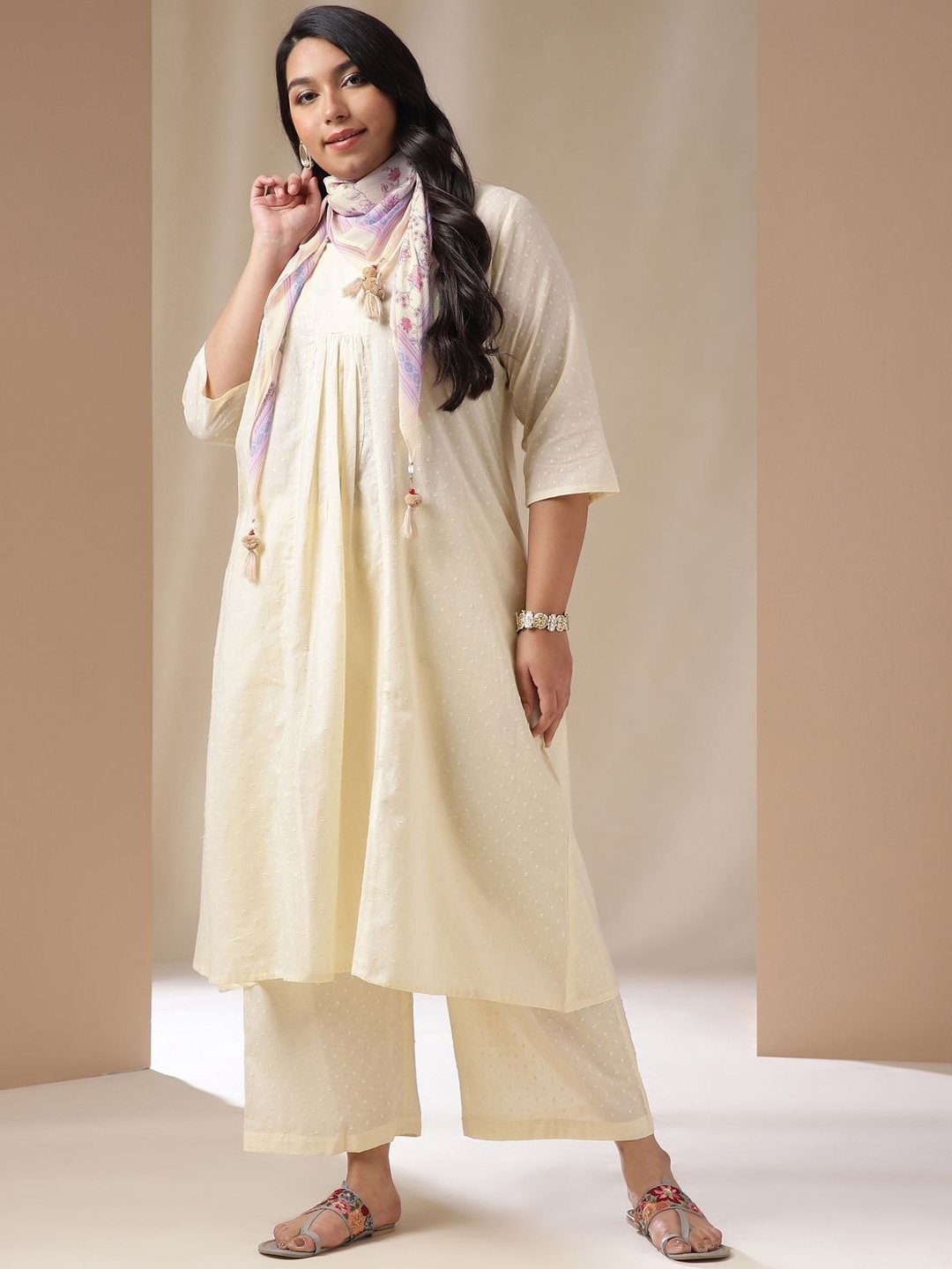 

CUSTARD Women Regular Pure Cotton Kurta with Palazzos & With Dupatta, Cream