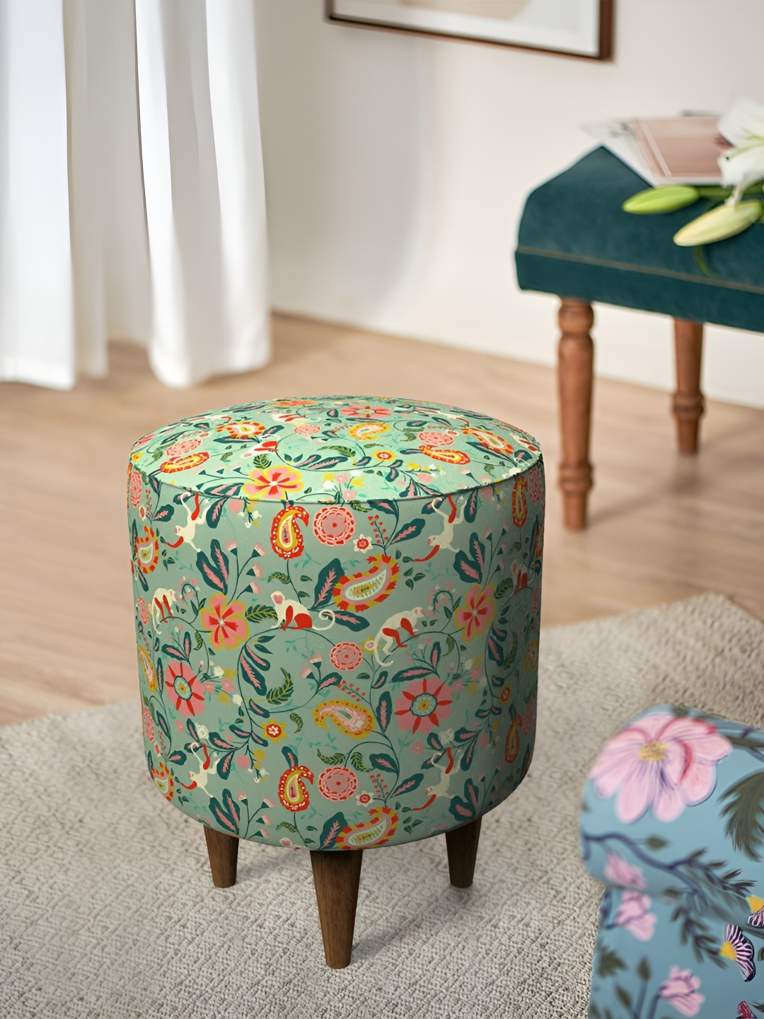 

Chumbak Green & Yellow Indian Summer Printed Round Wooden French Pouffe