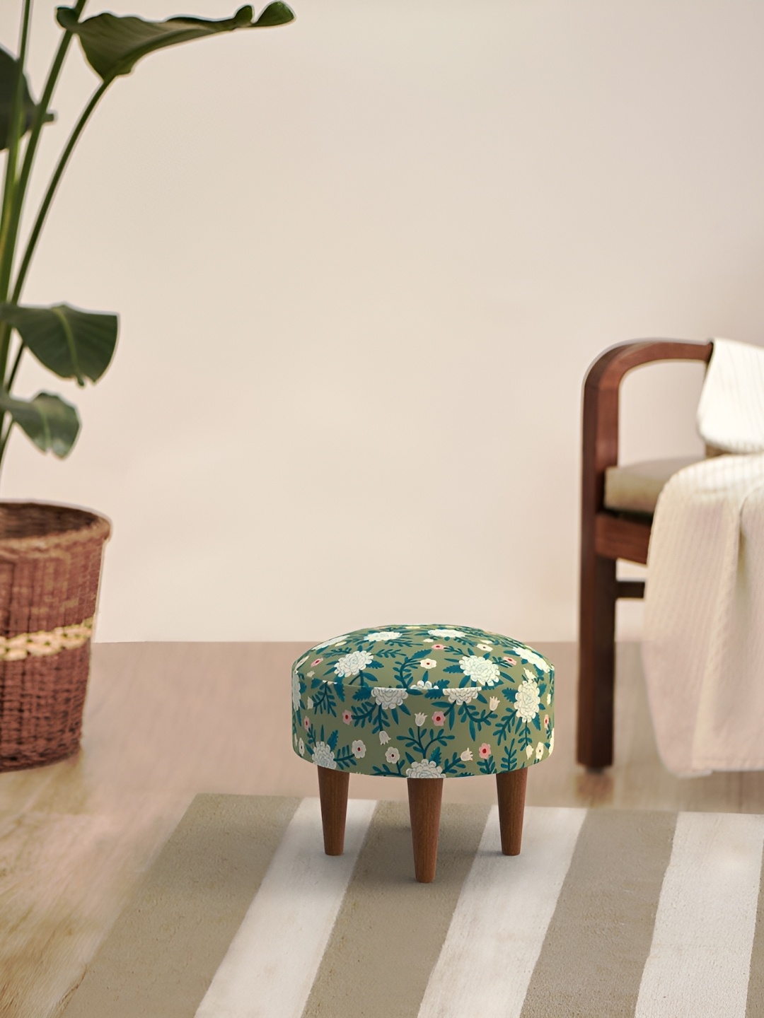 

Chumbak Green & Brown Spring Marigold Printed Round Wooden Begum Foot Rest