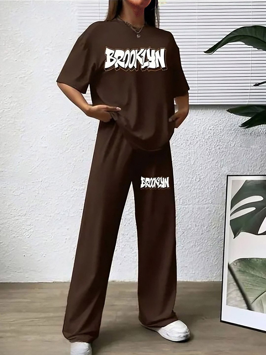 

My Swag Printed Round Neck T-Shirt With Trousers Co-Ords, Brown